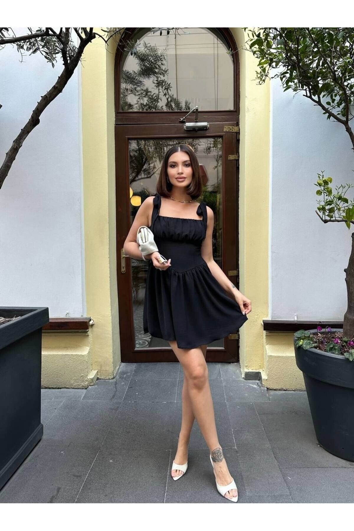 Mini Aerobin Tie-Shoulder Dress - Black - VİSKALİ
