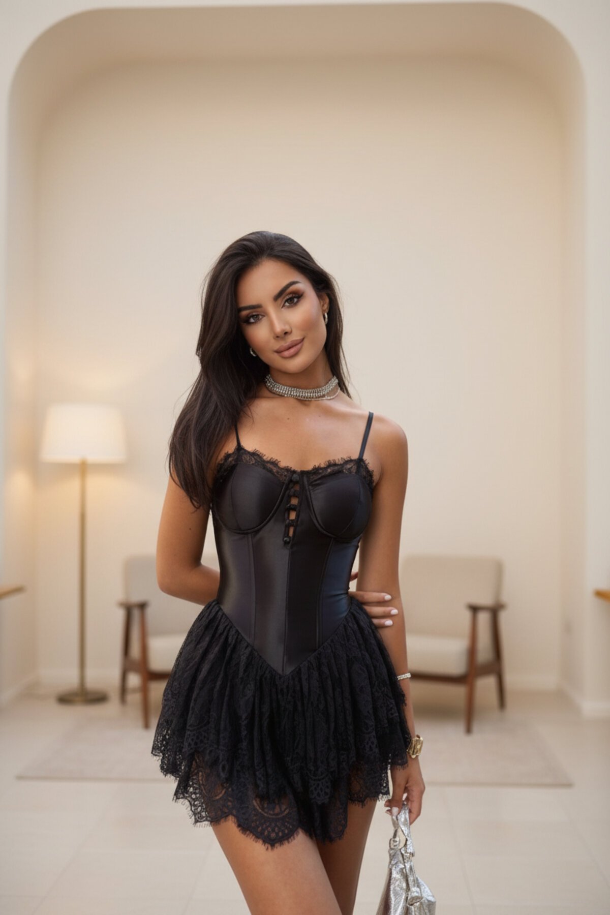 Mini Strappy Built-in Shorts Piped Lace Detail Dress - Black - VİSKALİ