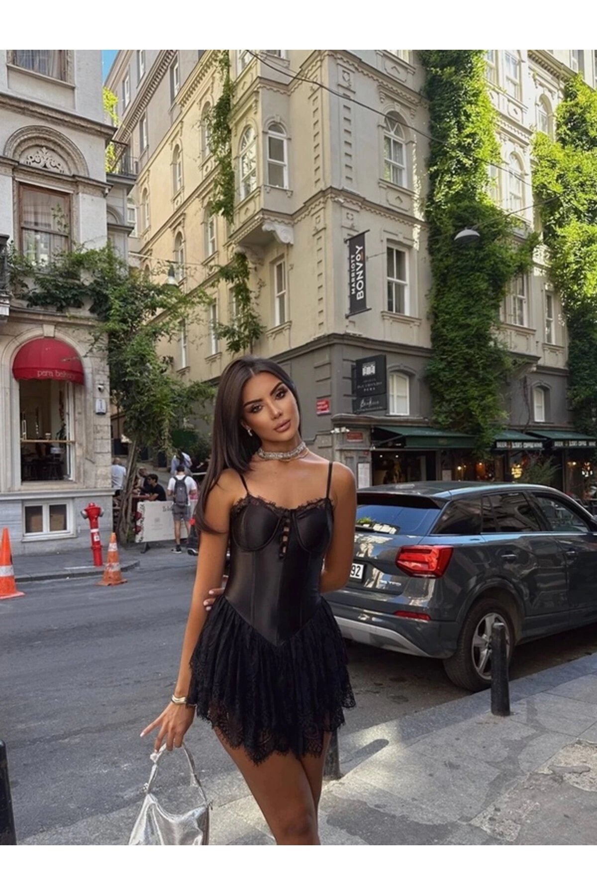 Mini Strappy Built-in Shorts Piped Lace Detail Dress - Black - VİSKALİ
