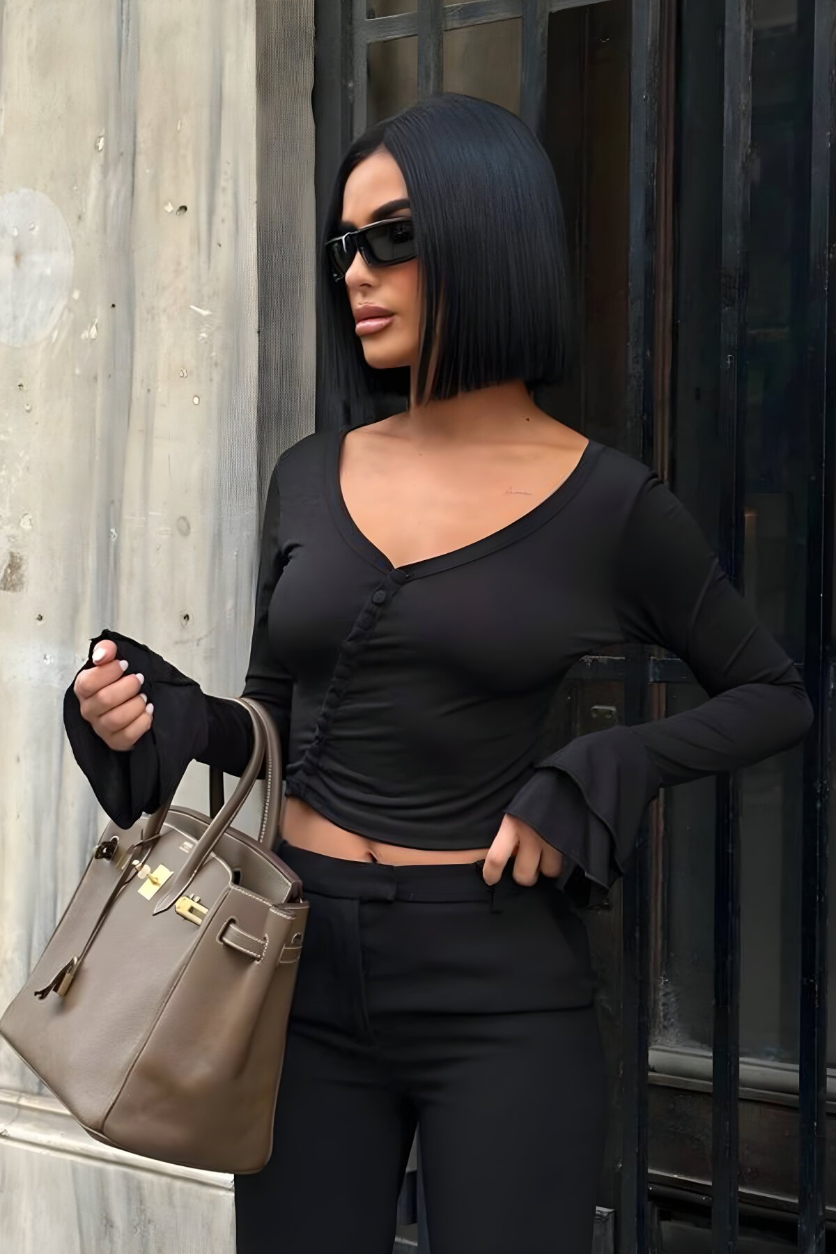 Bell Sleeve Button Detail Blouse - Black - VİSKALİ