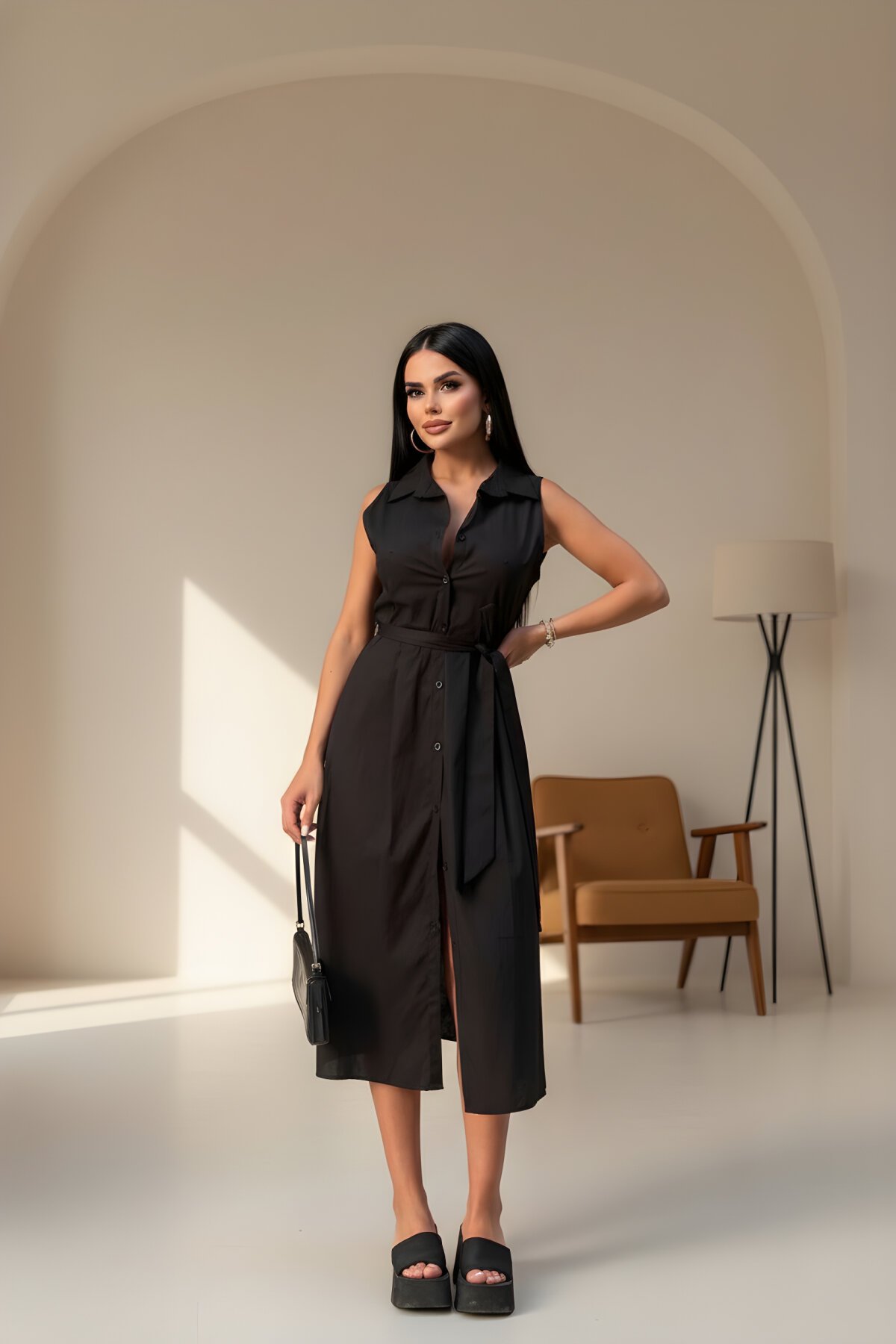 Midi Belted Button-Detail Shirt-Collar Dress - Black - VİSKALİ