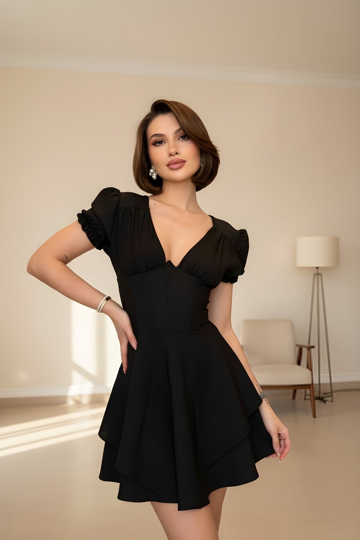 Mini V-Neck Corset-Detail Tiered-Skirt Dress - Black - VİSKALİ