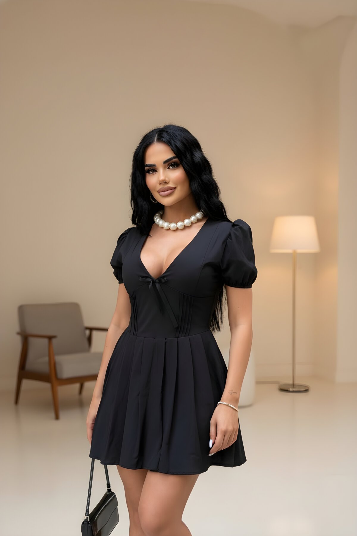 Mini Puff-Sleeve Pleated-Skirt Dress - Black - VİSKALİ