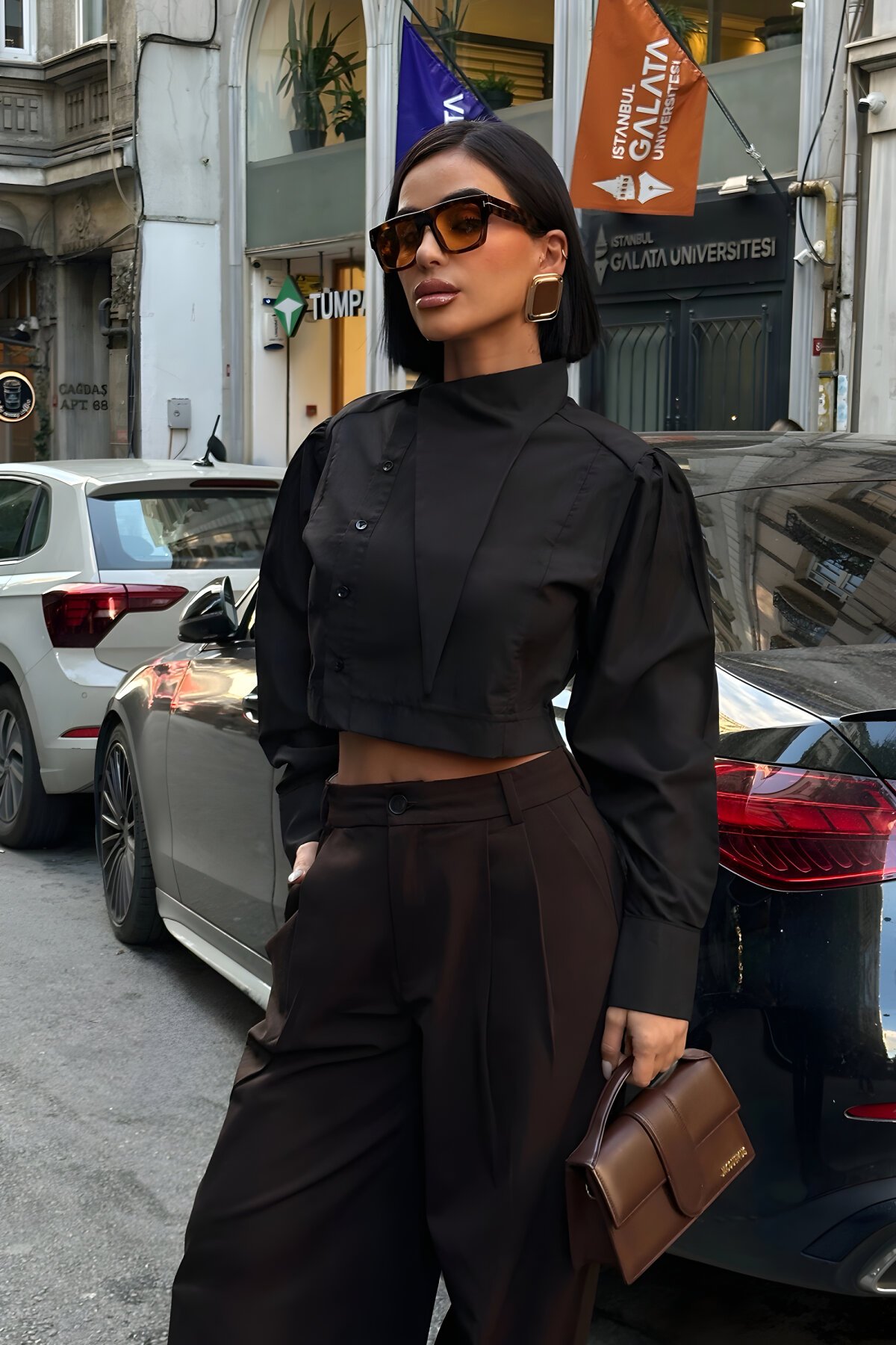 Poplin Asymmetric Collar Shirt - Black - VİSKALİ