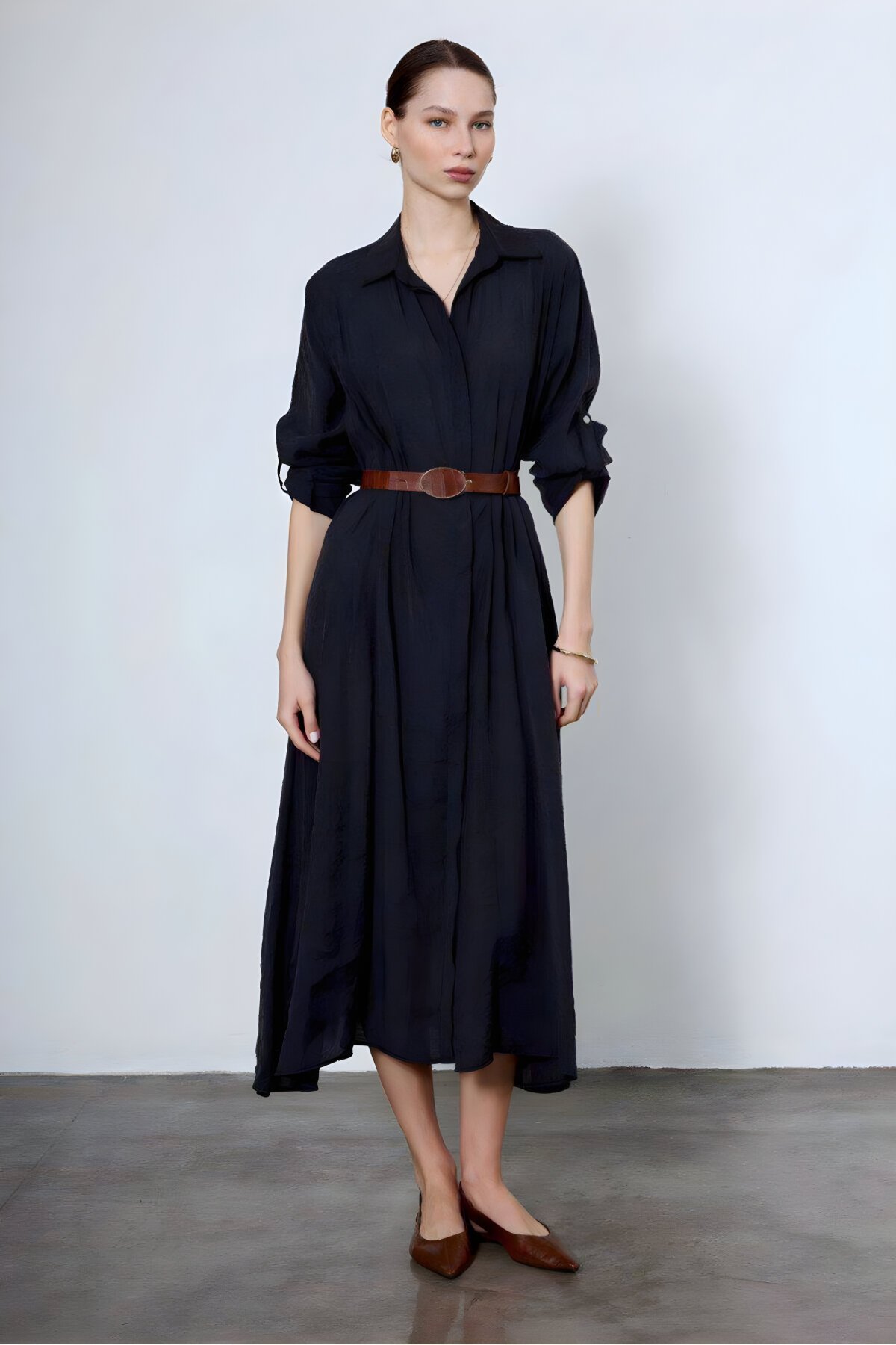 Midi Relaxed Long-Sleeve Tencel Belted Buttoned Shirt-Collar Dress - Black - VİSKALİ