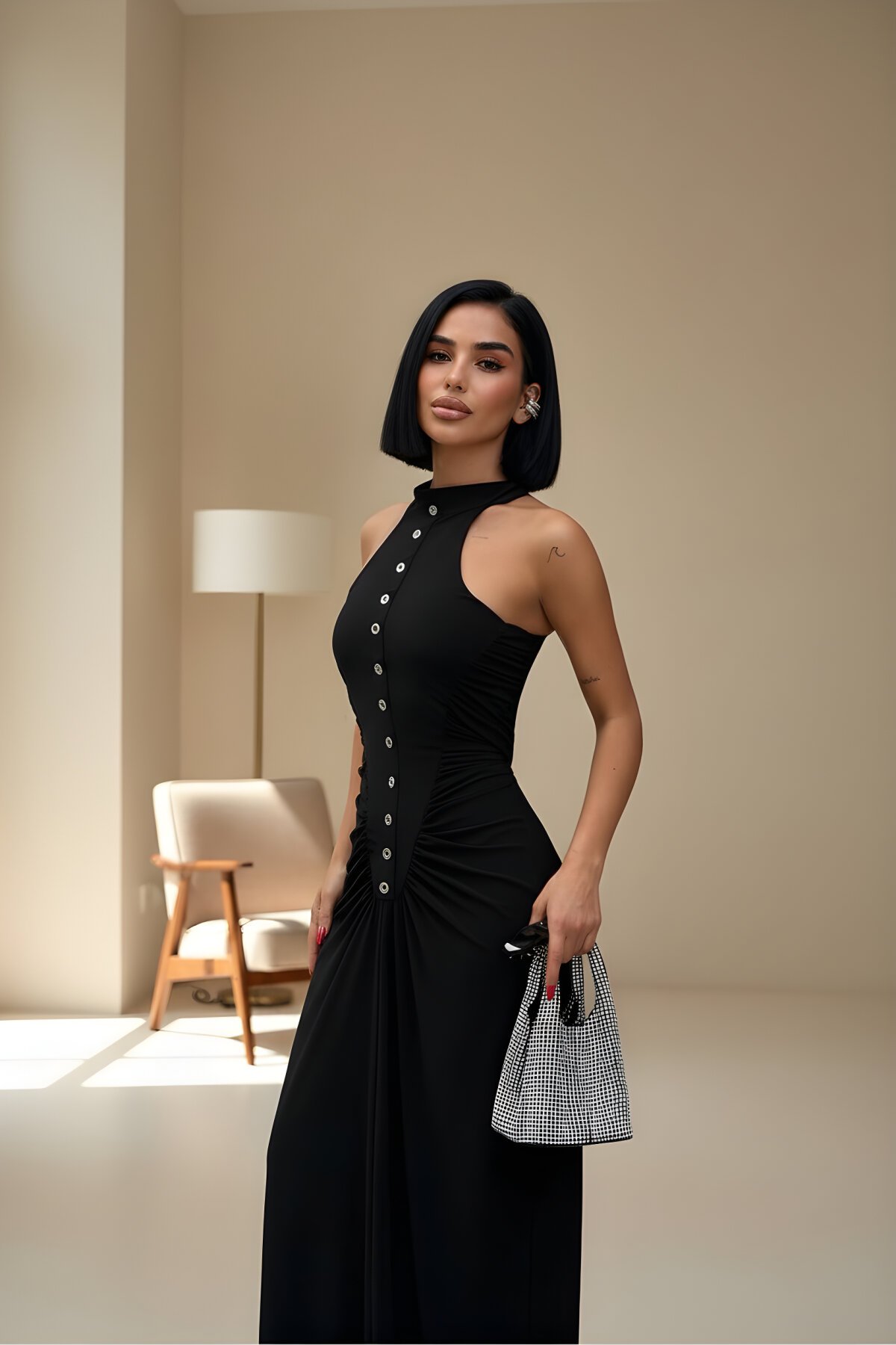 Long Ruched Halter Neck Button-Detail Evening Dress - Black - VİSKALİ