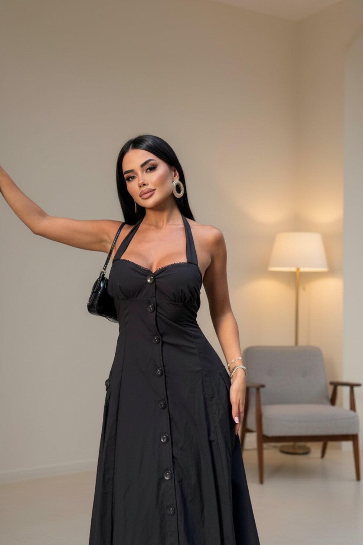 فستان طويل أسود بياقة رسن ومزرر - VİSKALİ