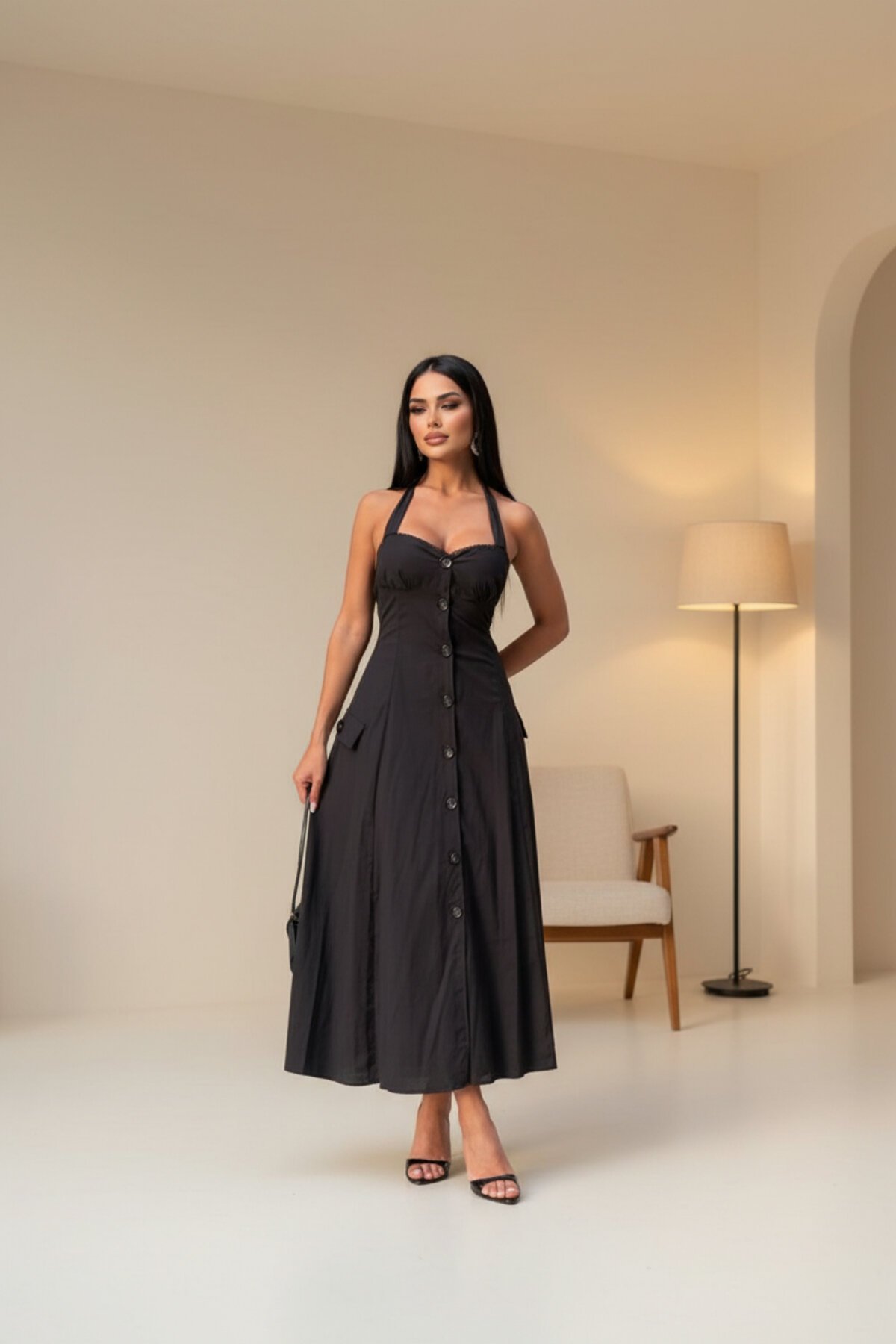 Long Halter Neck Buttoned Dress - Black - VİSKALİ