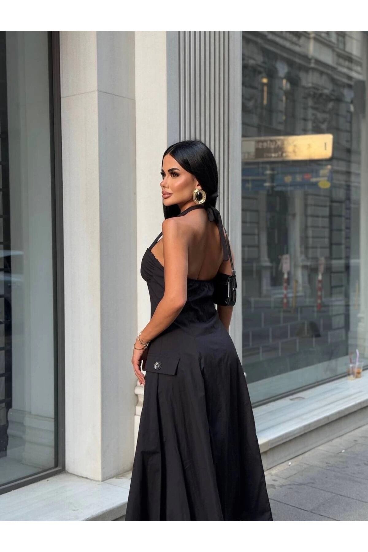 فستان طويل أسود بياقة رسن ومزرر - VİSKALİ