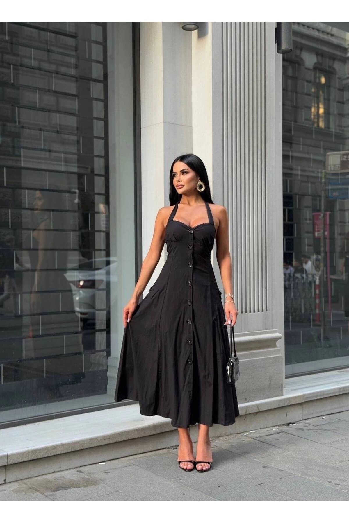 فستان طويل أسود بياقة رسن ومزرر - VİSKALİ
