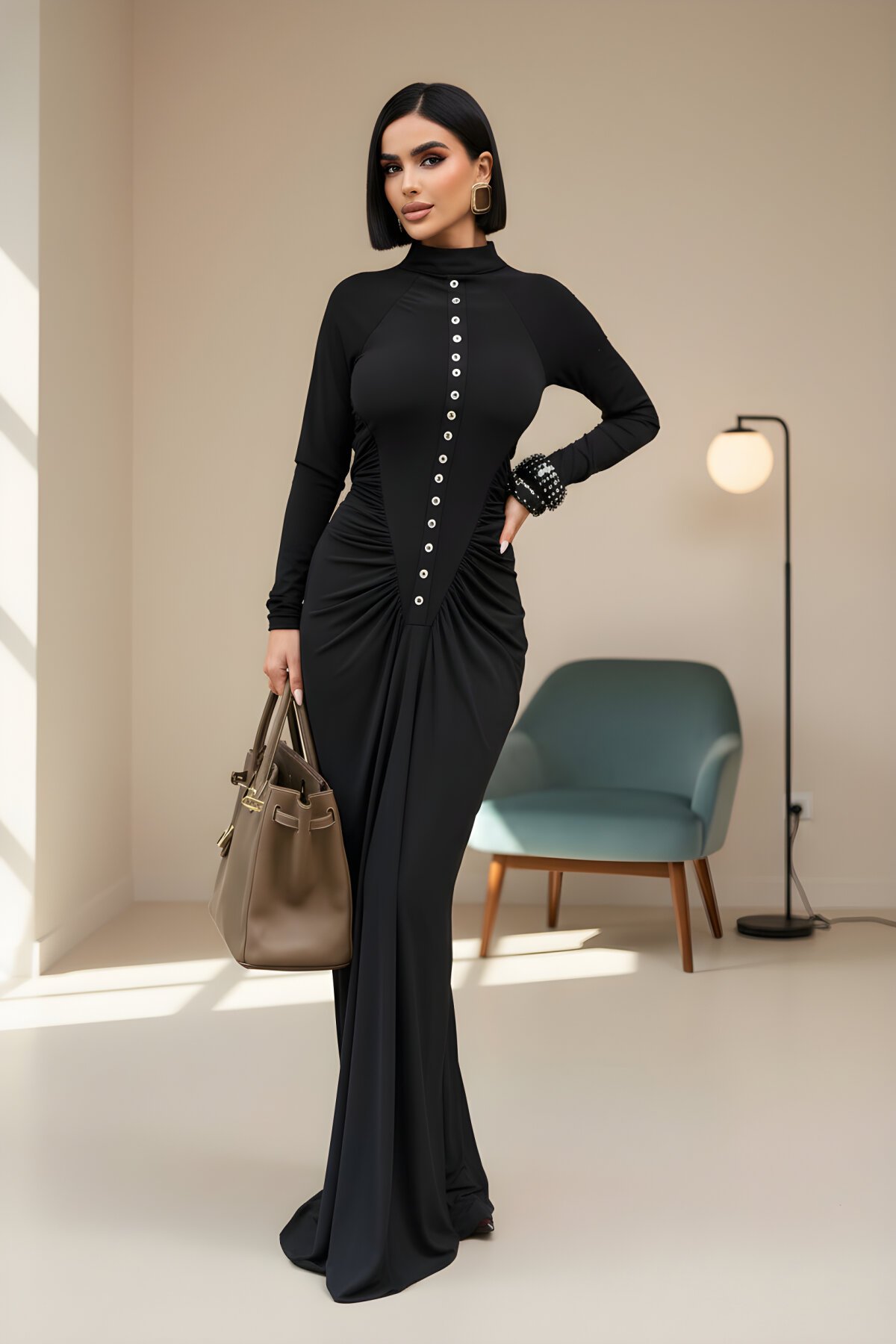Long Ruched Halter Neck Button-Detail Evening Dress - Black - VİSKALİ