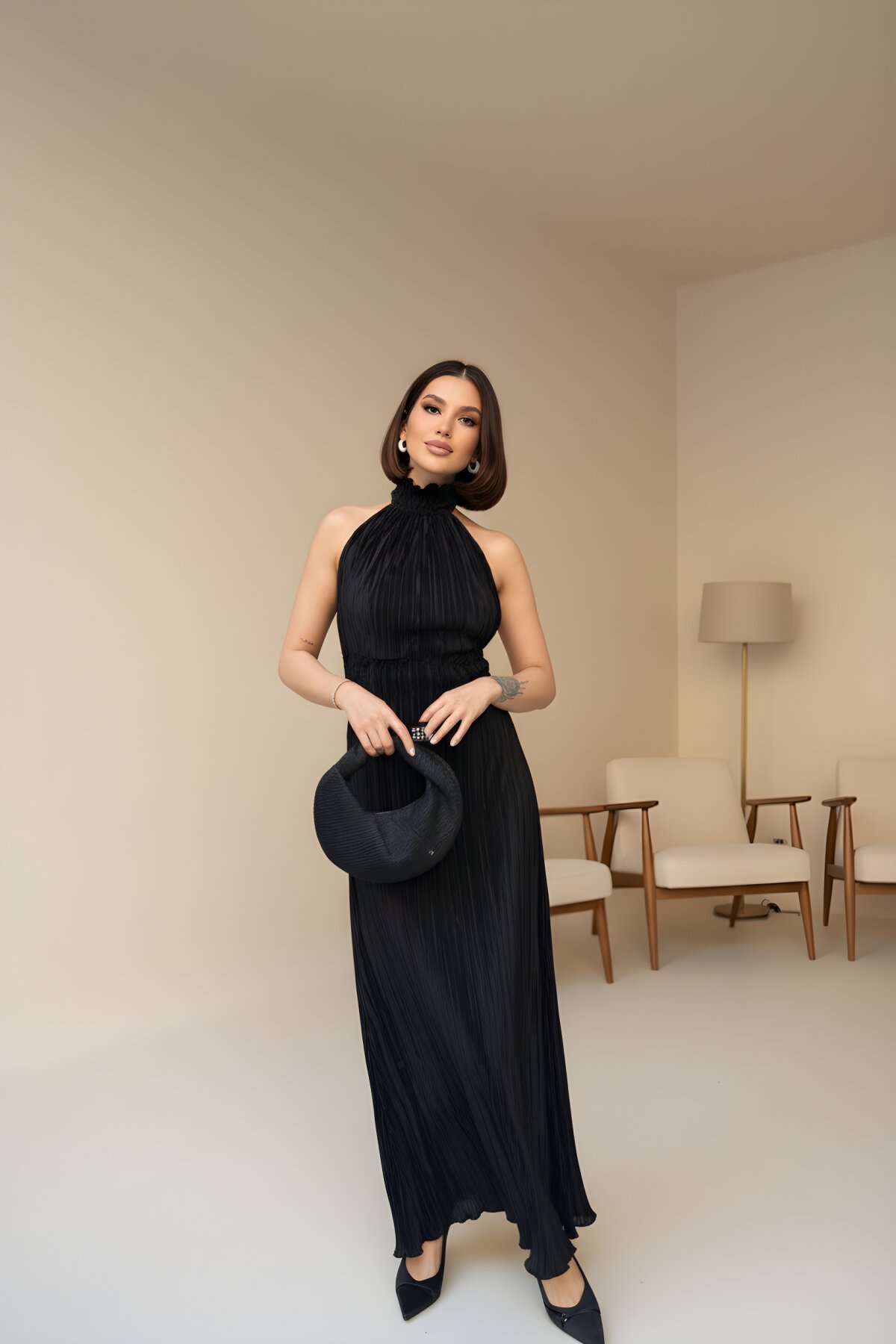 Long Pleated Halter Neck Backless Evening Dress - Black - VİSKALİ