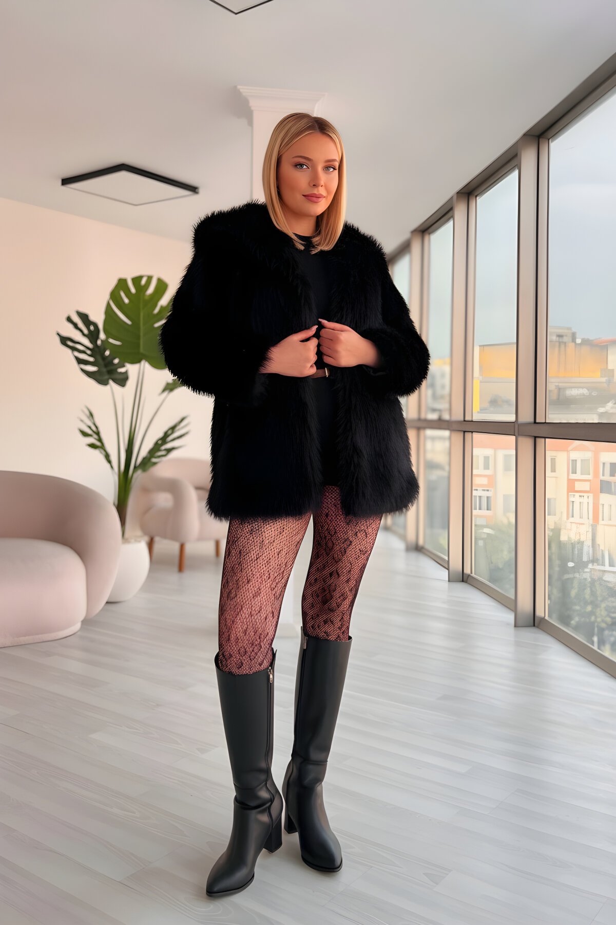 Long Premium Lady Collar Winter Coat - Black - VİSKALİ
