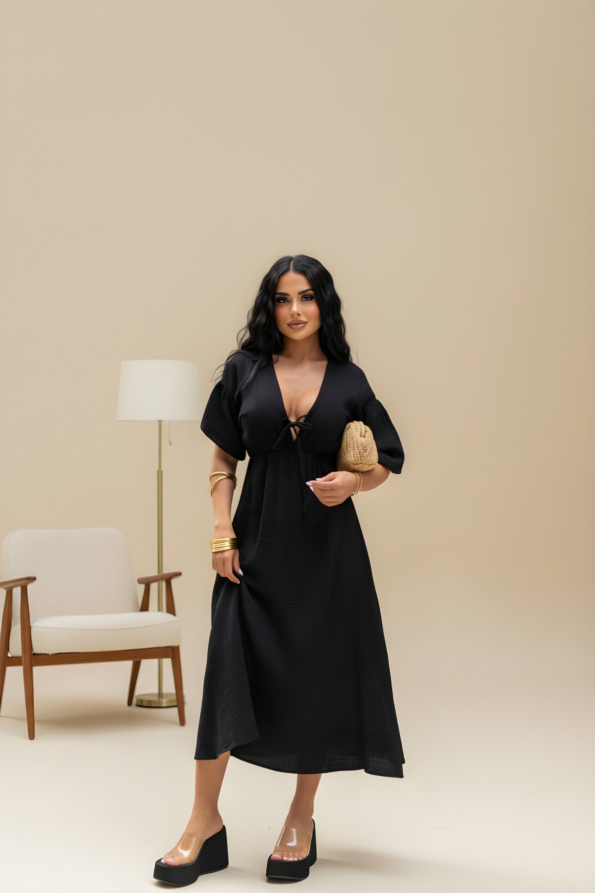 Midi Muslin Linen Textured Shirred Waist Tie-Detail V-Neck Dress - Black - VİSKALİ