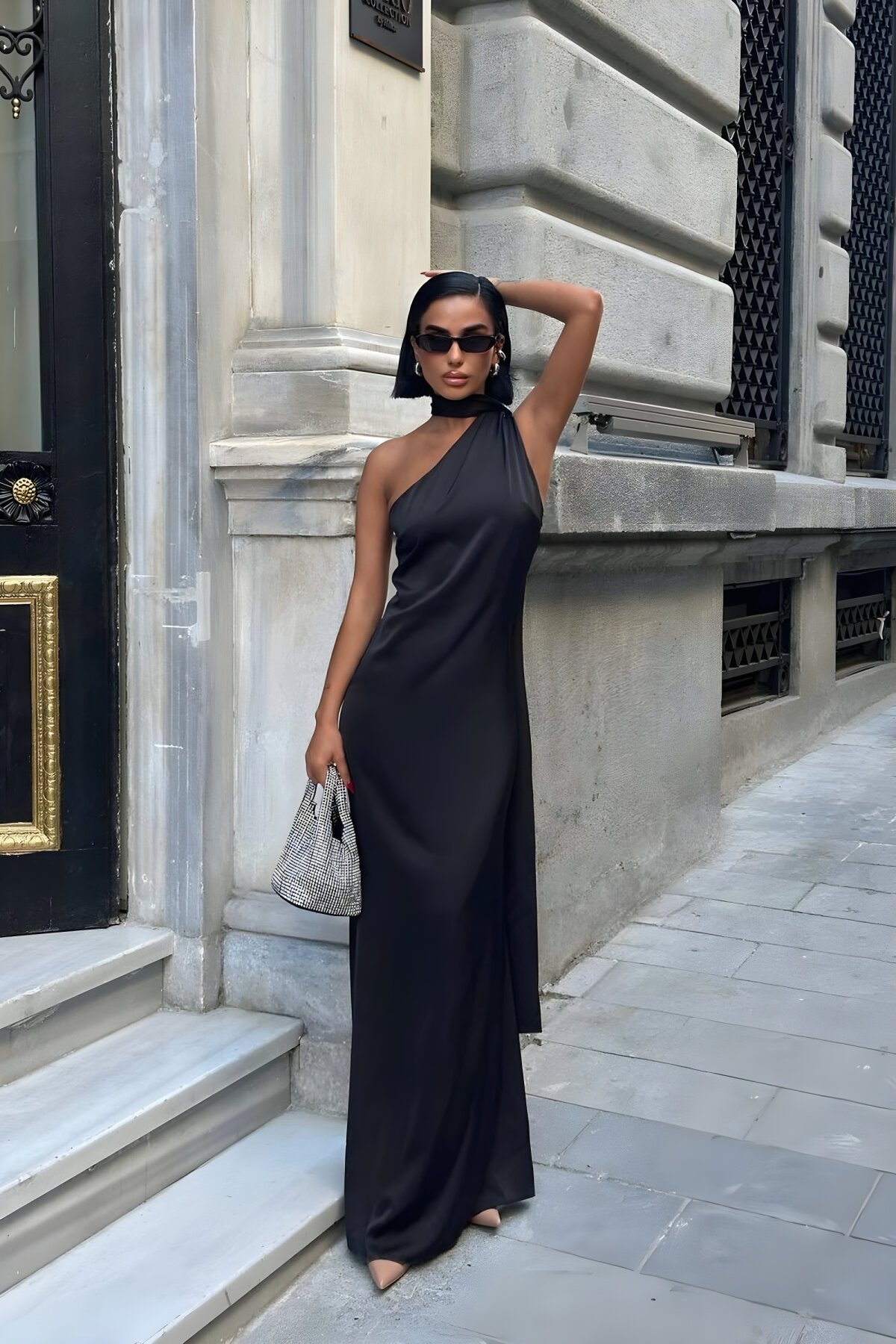Long Premium Satin One-Shoulder Shawl-Detail Evening Dress - Black - VİSKALİ