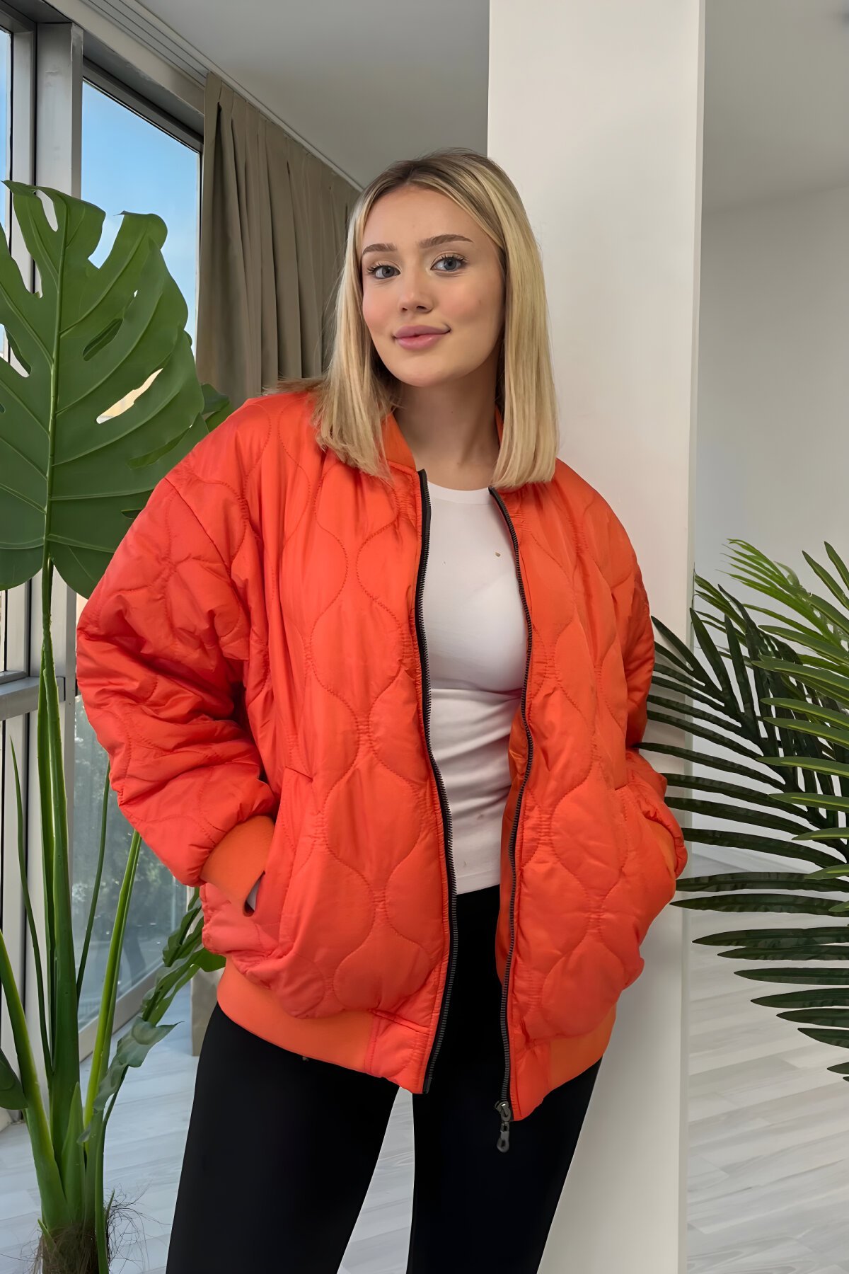 معطف موسمي برتقالي بتفاصيل رقع - VİSKALİ