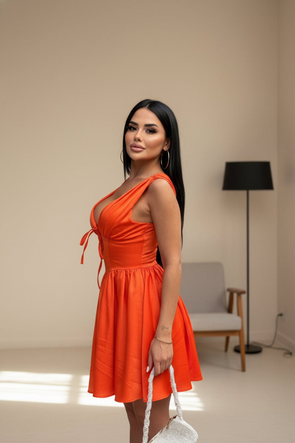 Mini Satin Corset-Detail Dress with Inner Shorts - Orange - VİSKALİ