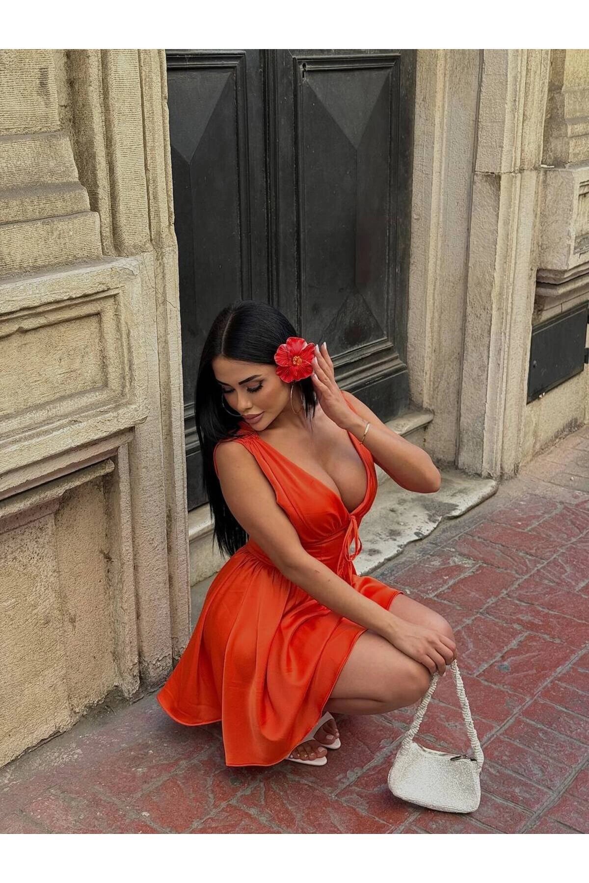 Mini Satin Corset-Detail Dress with Inner Shorts - Orange - VİSKALİ
