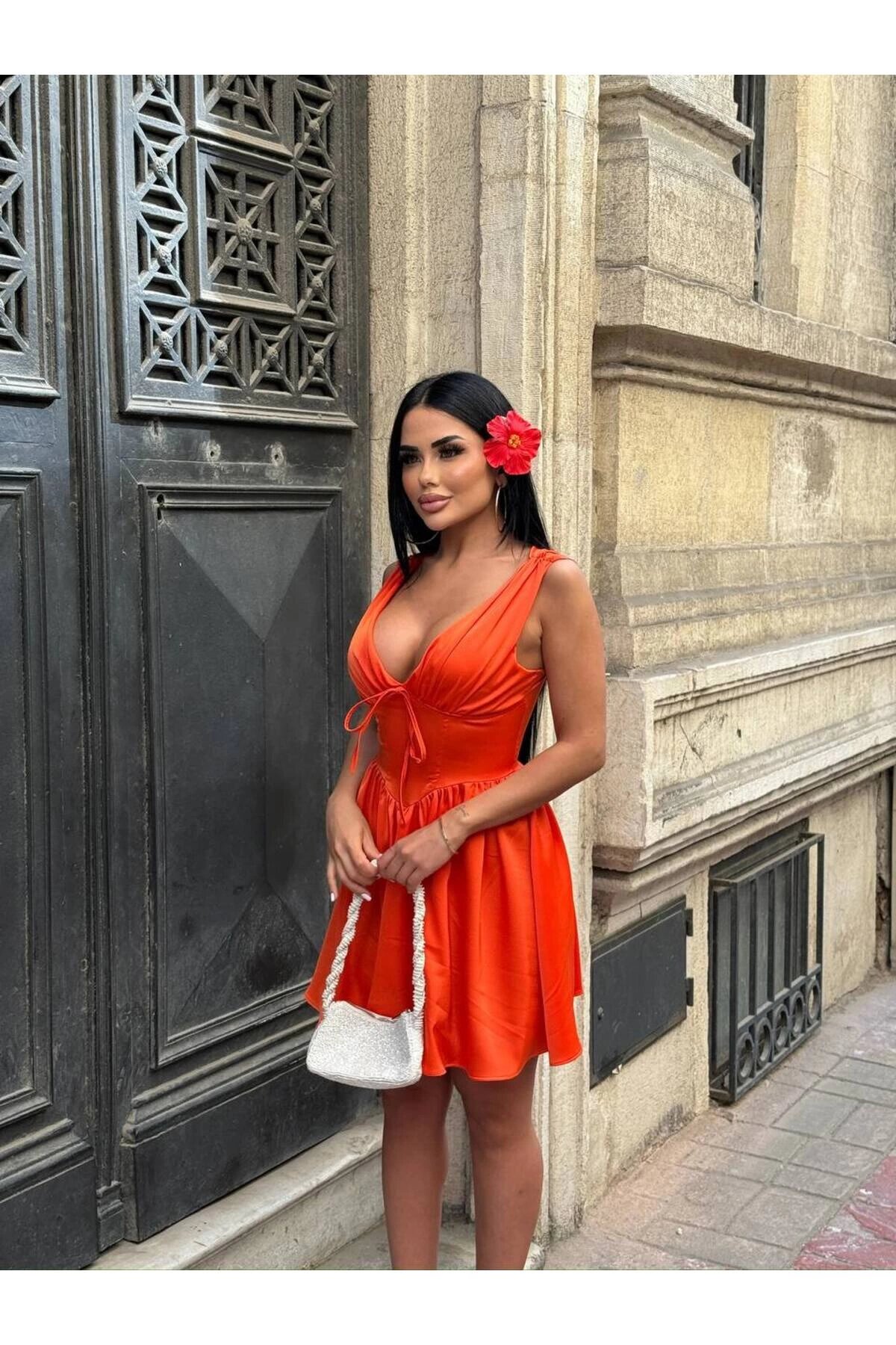 Mini Satin Corset-Detail Dress with Inner Shorts - Orange - VİSKALİ
