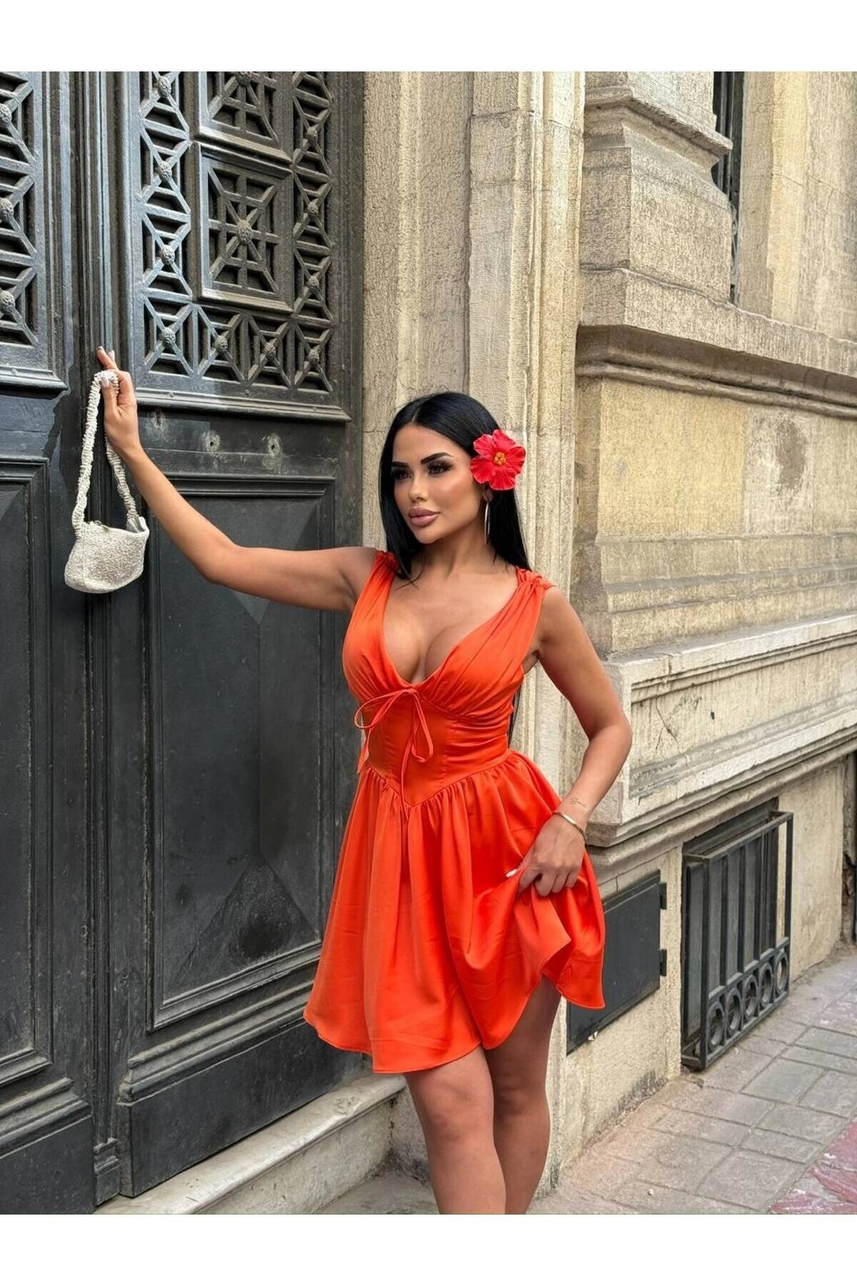 Mini Satin Corset-Detail Dress with Inner Shorts - Orange - VİSKALİ