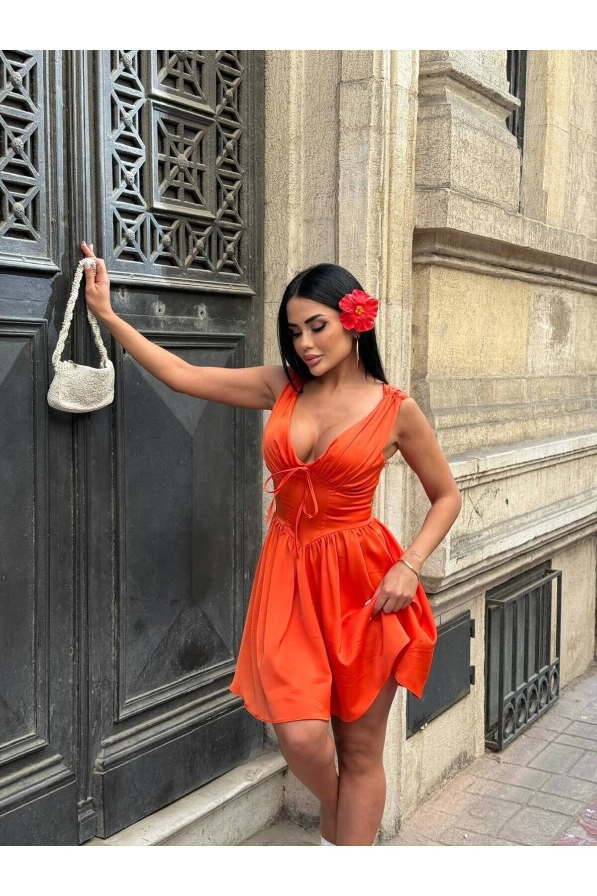 Mini Satin Corset-Detail Dress with Inner Shorts - Orange - VİSKALİ