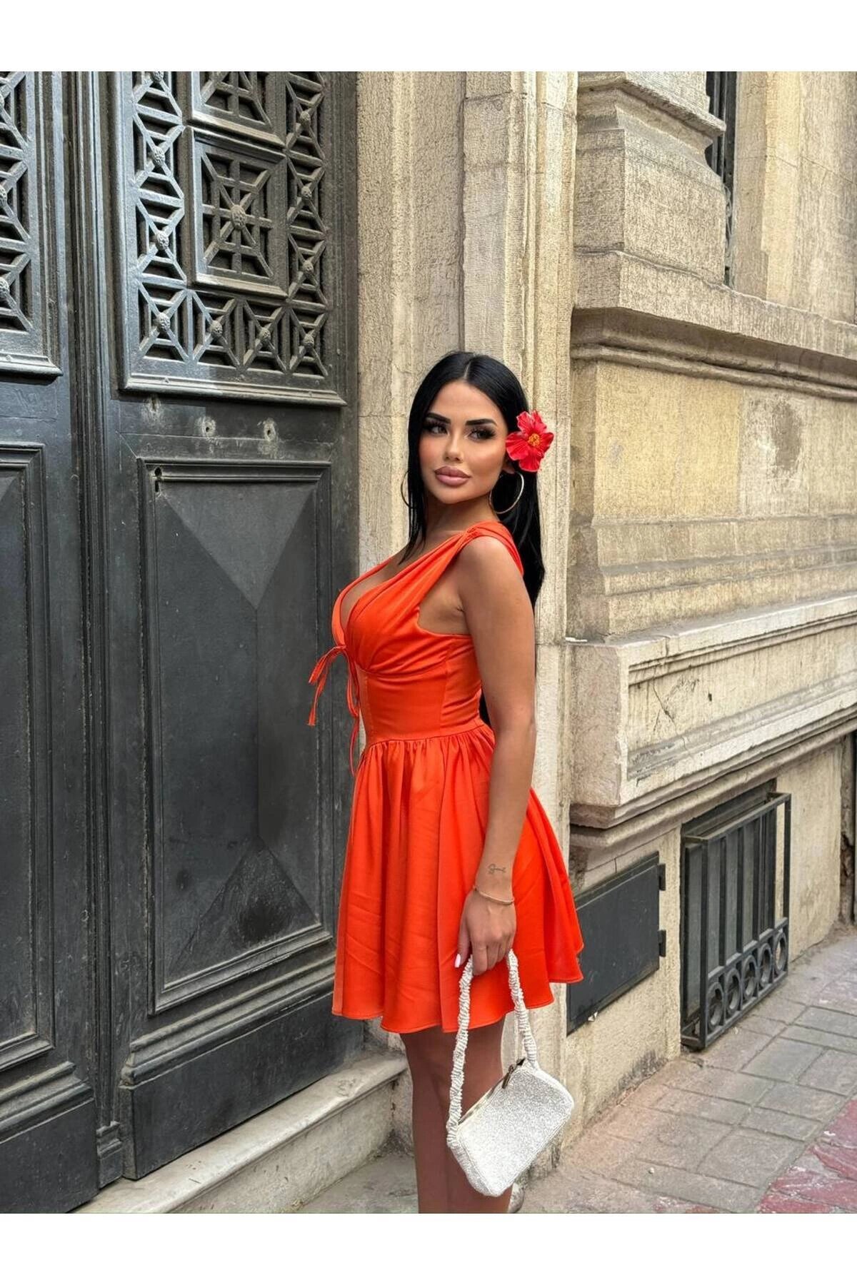 Mini Satin Corset-Detail Dress with Inner Shorts - Orange - VİSKALİ