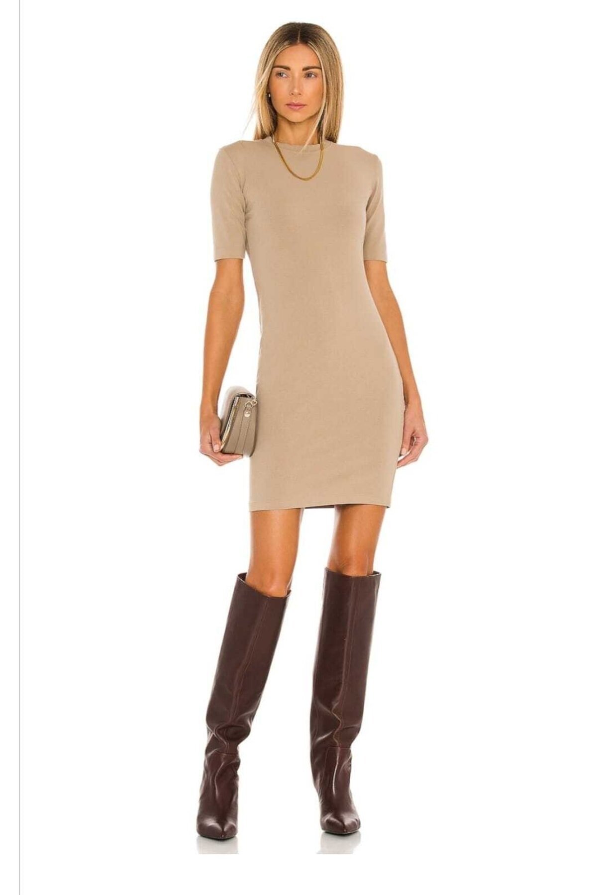 Bej Mini Bisiklet Yaka Çift Katlı İç Göstermez Elbise - Zagrep