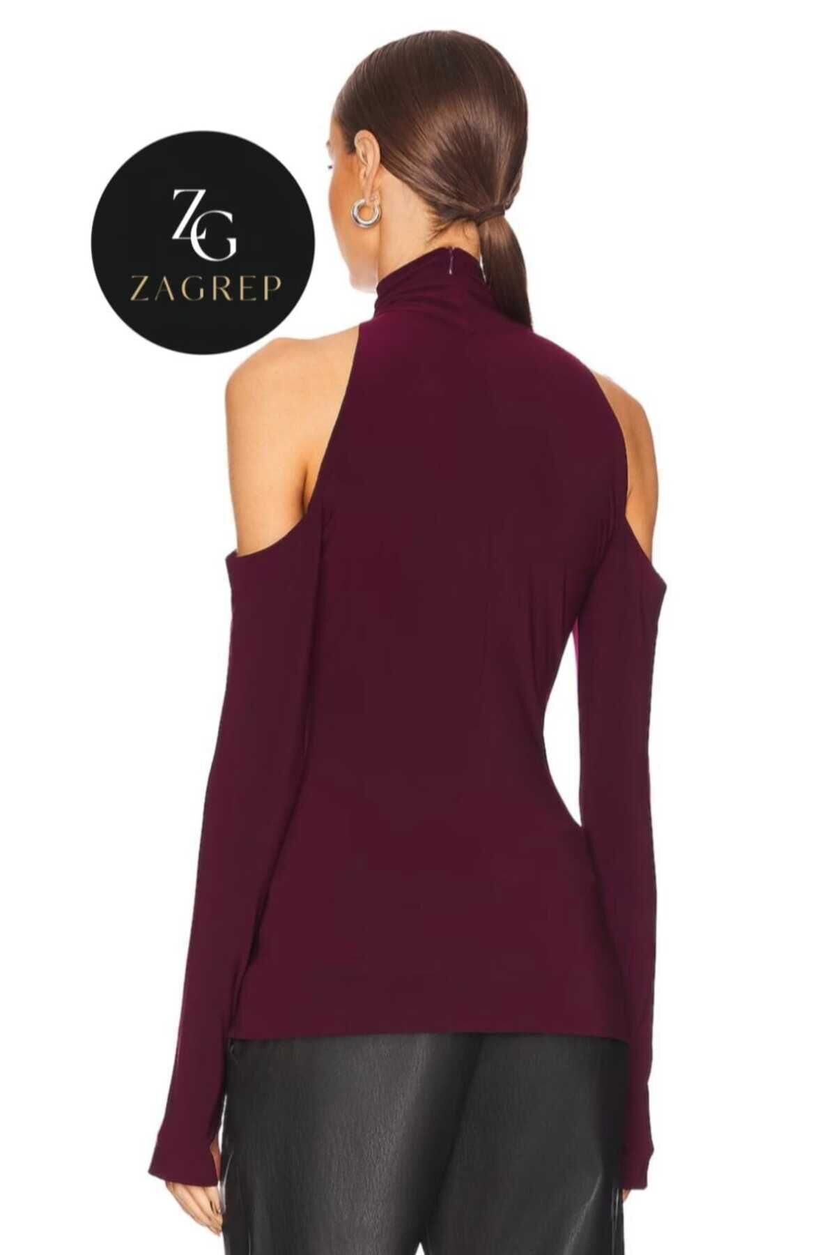 Drop Shoulder Silk Jersey Turtleneck Thumb-Hole Blouse - Burgundy - Zagrep