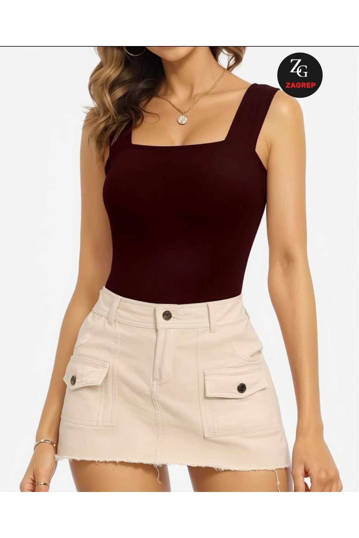 Non-Sheer Silk Jersey Wide-Strapped Square Neck Bodysuit - Burgundy - Zagrep