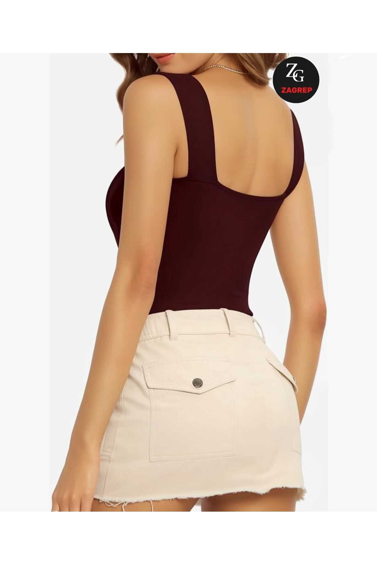 Non-Sheer Silk Jersey Wide-Strapped Square Neck Bodysuit - Burgundy - Zagrep
