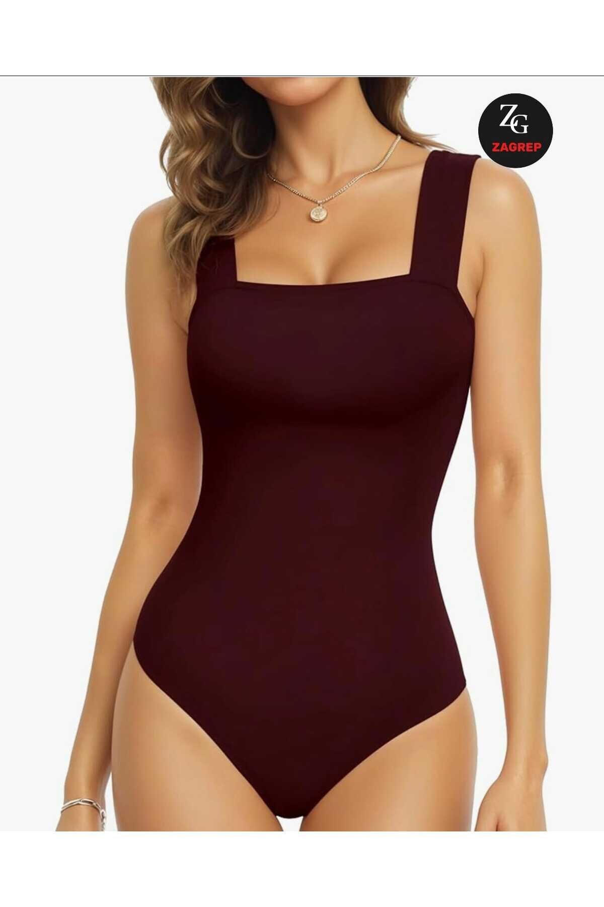 Non-Sheer Silk Jersey Wide-Strapped Square Neck Bodysuit - Burgundy - Zagrep