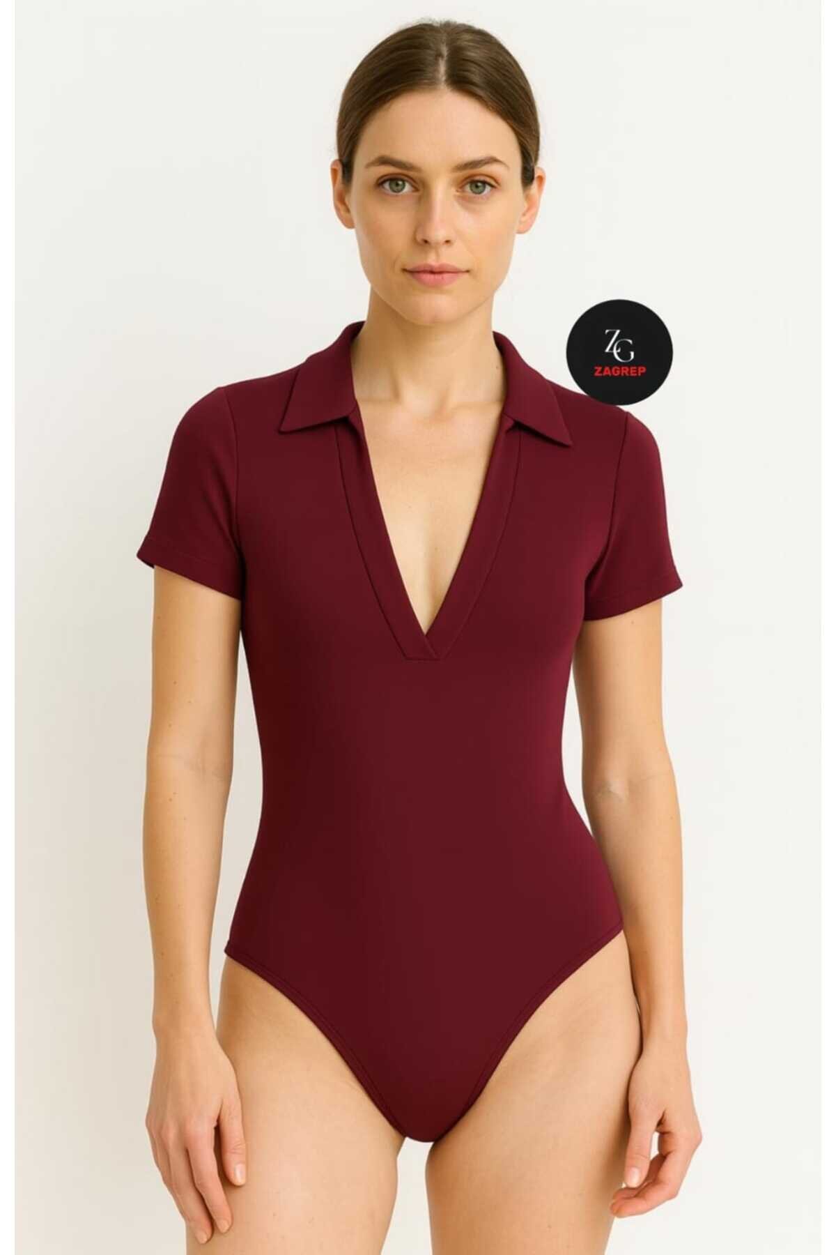 بودي بأكمام قصيرة عنابي جيرسيه حريري بياقة بكباسات - Zagrep