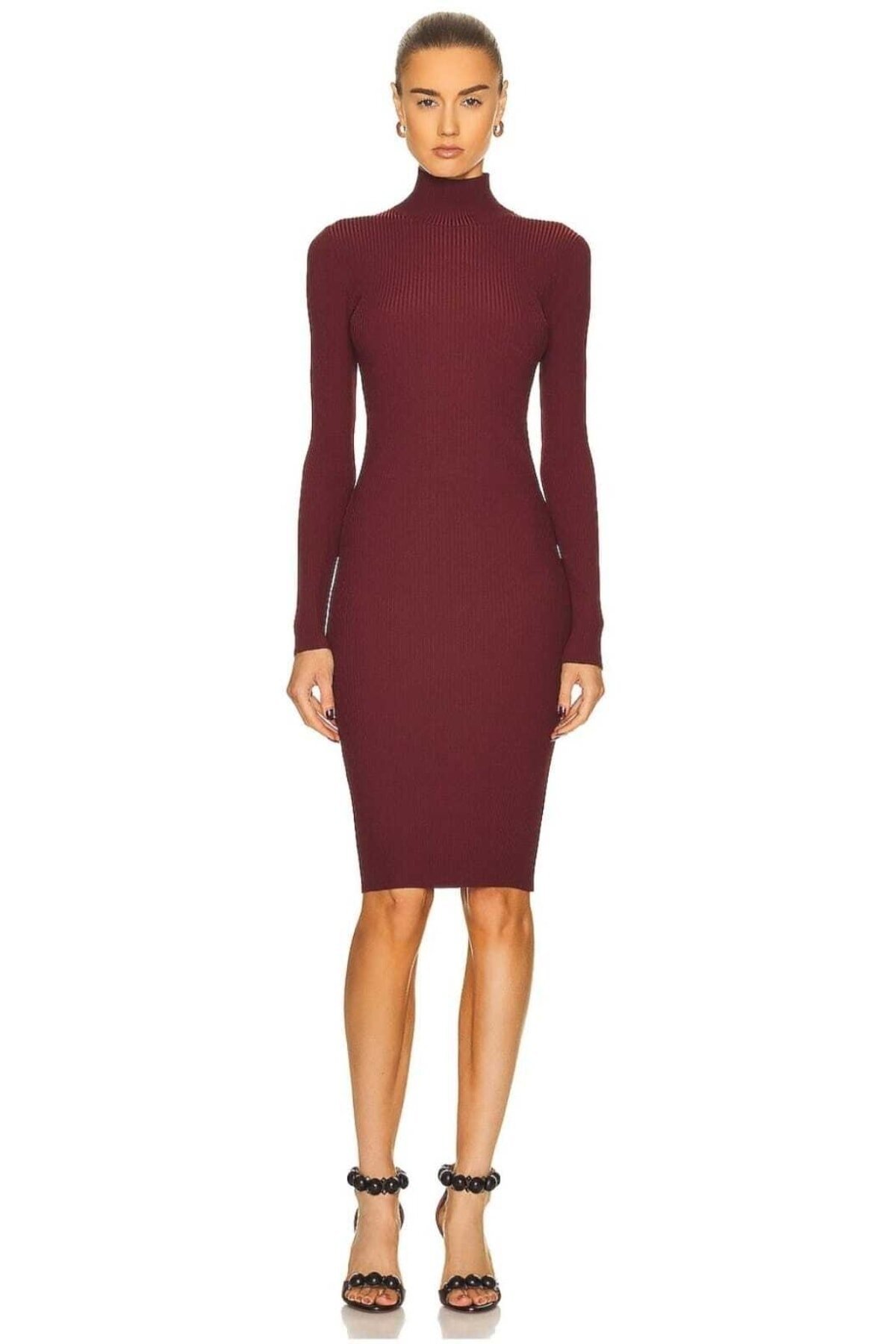 Midi Silk Jersey Mock Neck Dress - Burgundy - Zagrep