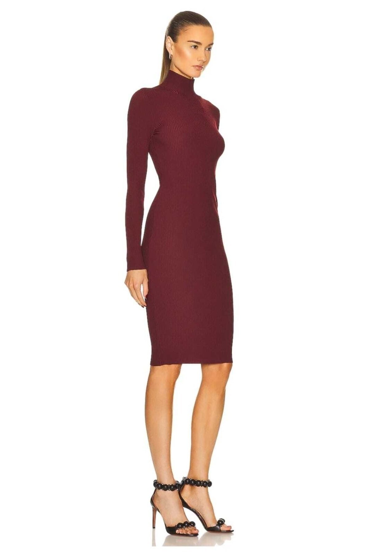 Midi Silk Jersey Mock Neck Dress - Burgundy - Zagrep