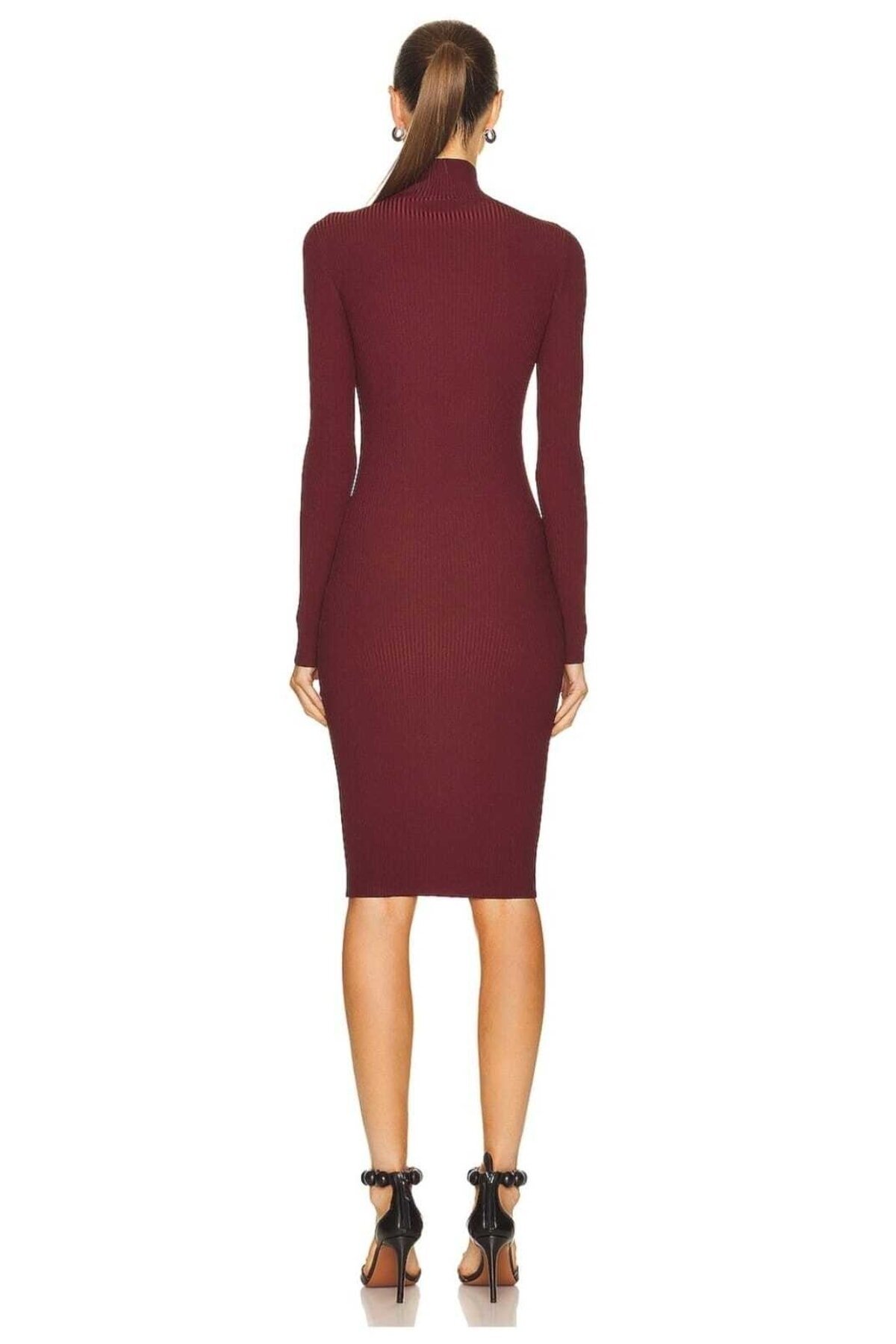 Midi Silk Jersey Mock Neck Dress - Burgundy - Zagrep