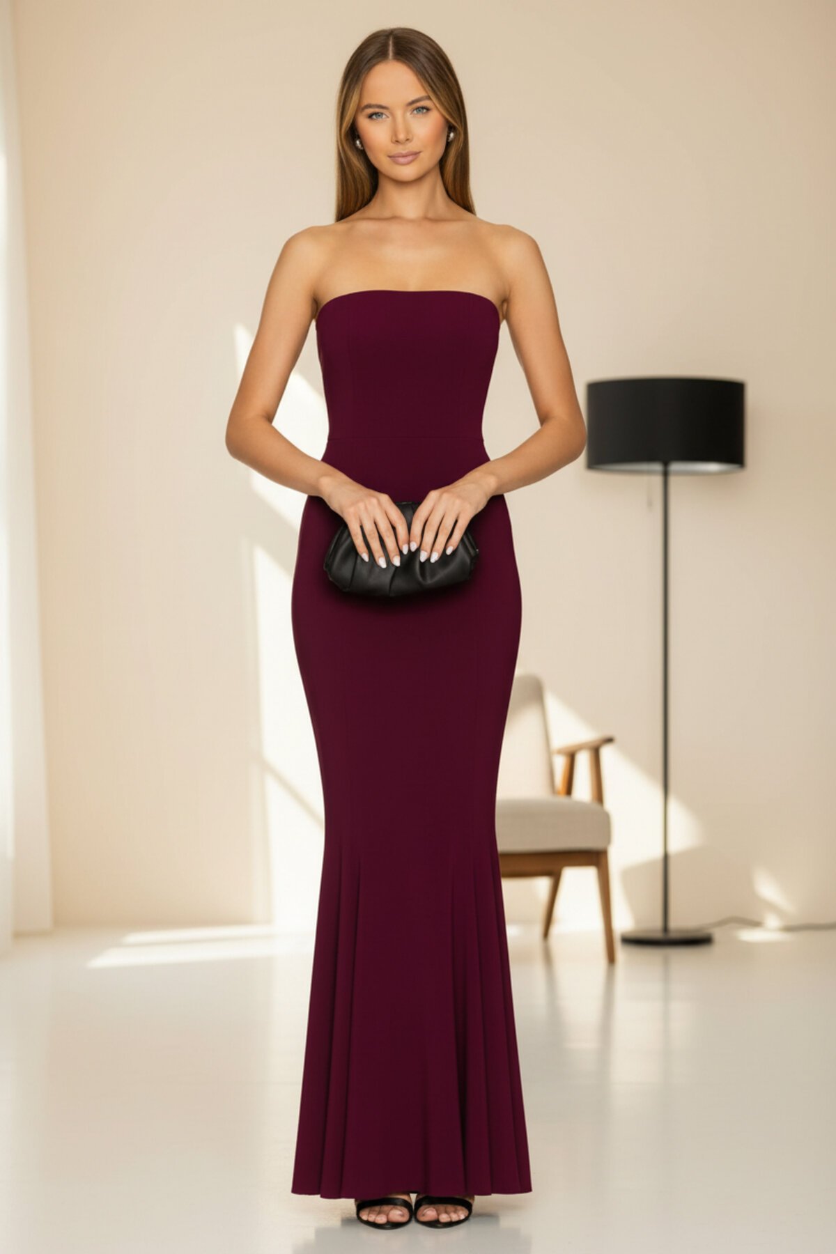 Long Strapless Lined Ruffled Hem Evening Dress - Burgundy - Zagrep