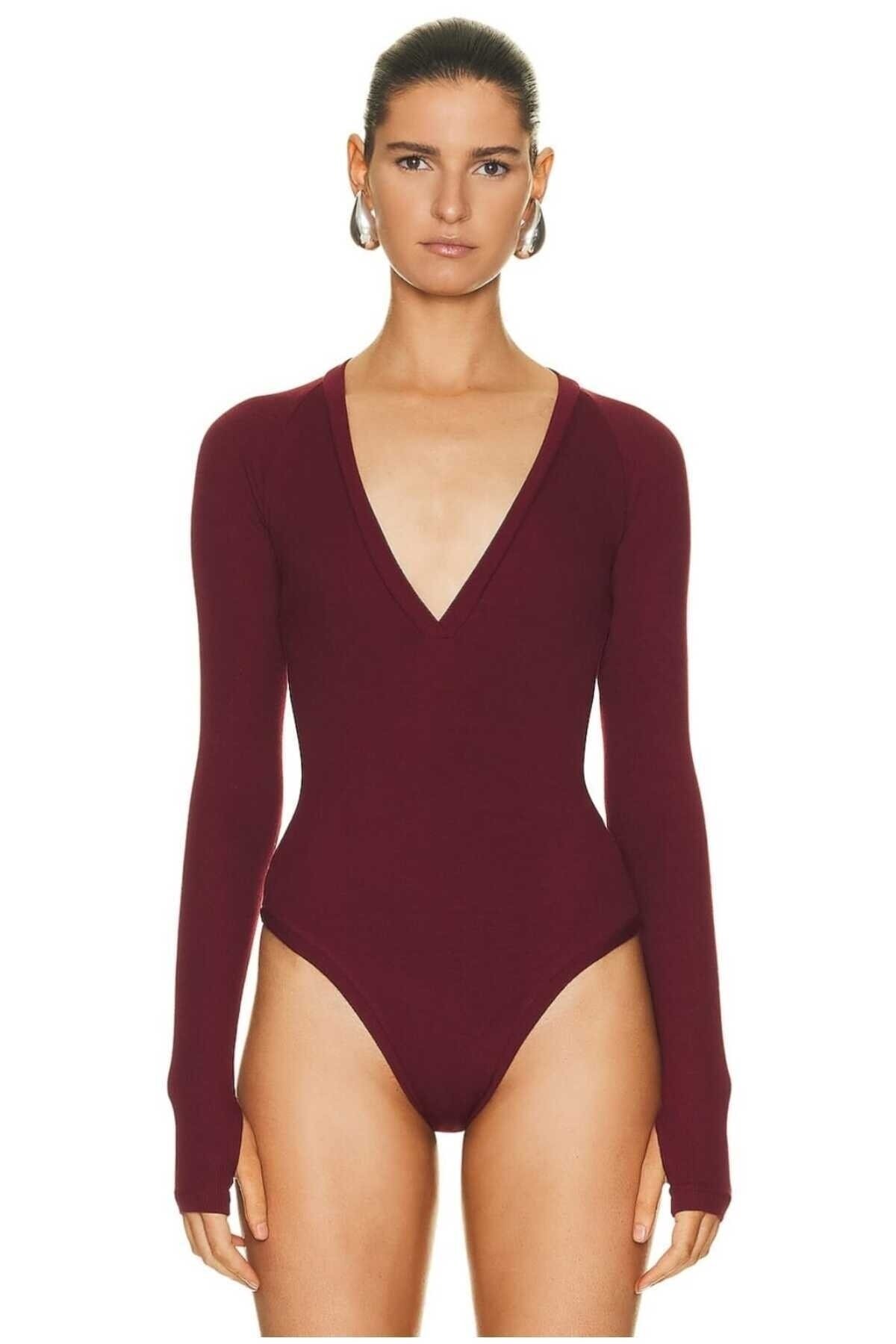 Bordo V Yaka İpek Jarse Parmak Geçmeli Patlı Bodysuit - Zagrep