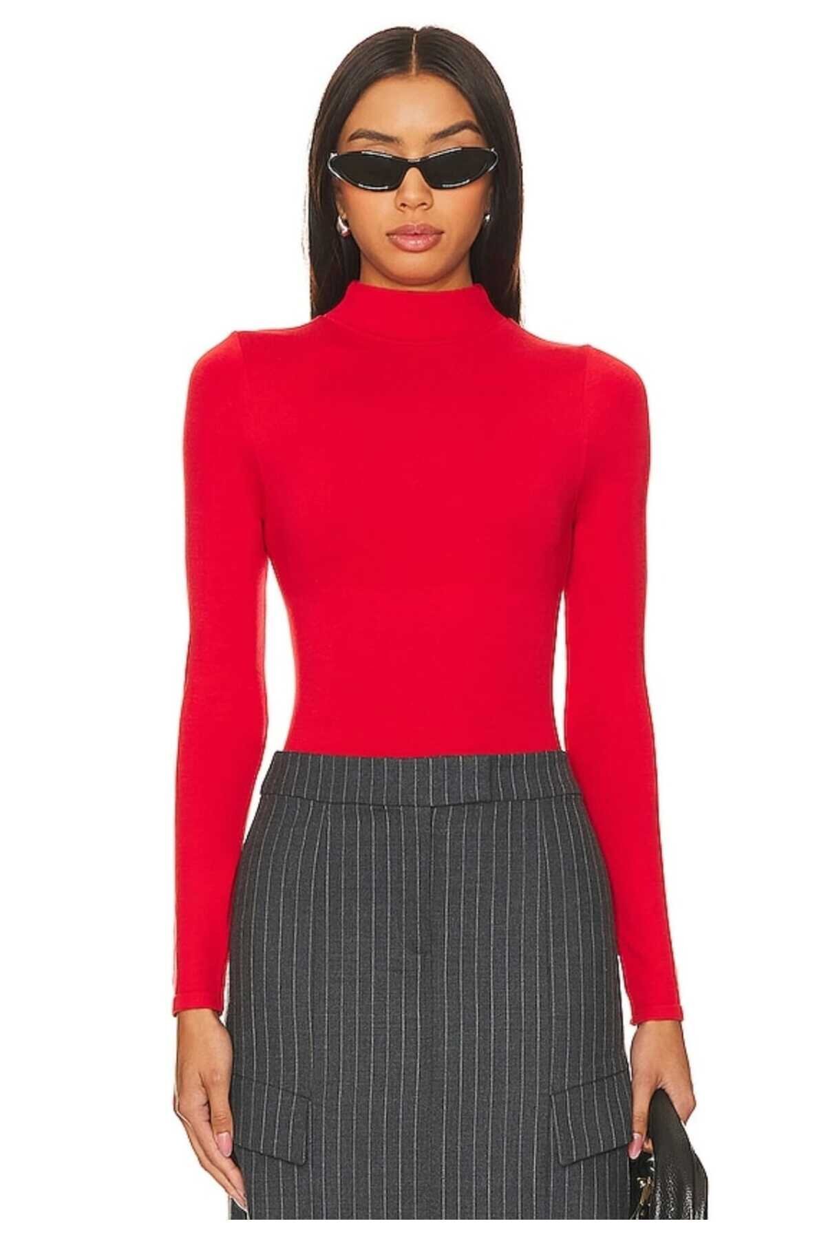 Jersey Turtleneck Opaque Bodysuit - Grey Red - Zagrep