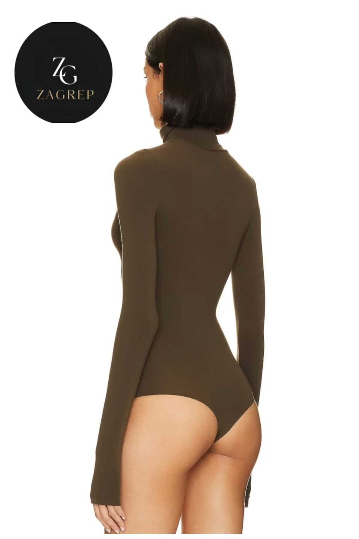Turtleneck Jersey Opaque Bodysuit - Khaki - Zagrep