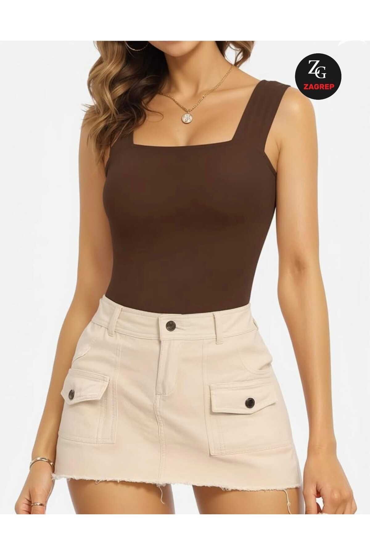 Opaque Silk Jersey Wide Strap Square Neck Bodysuit - Coffee - Zagrep