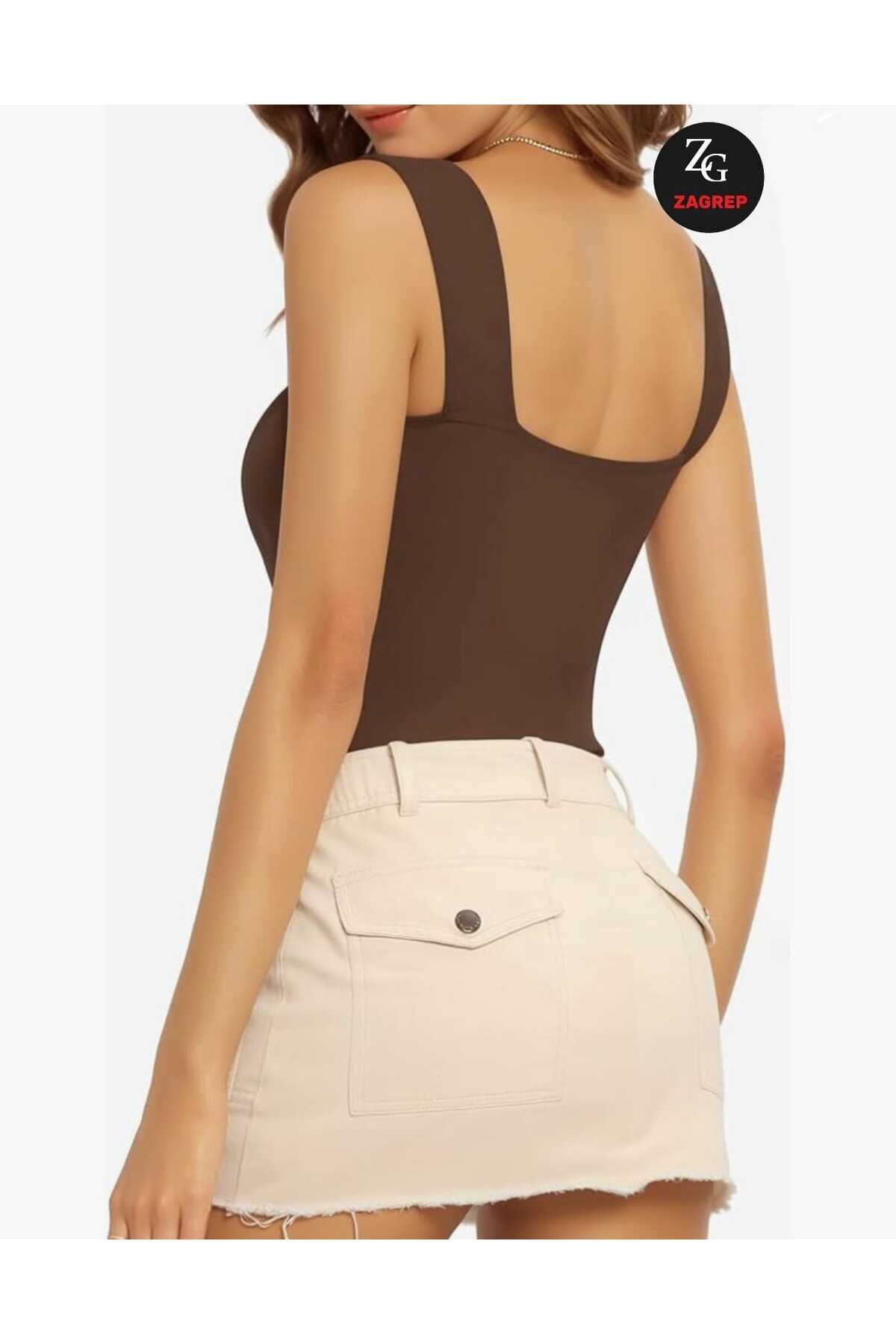 Opaque Silk Jersey Wide Strap Square Neck Bodysuit - Coffee - Zagrep