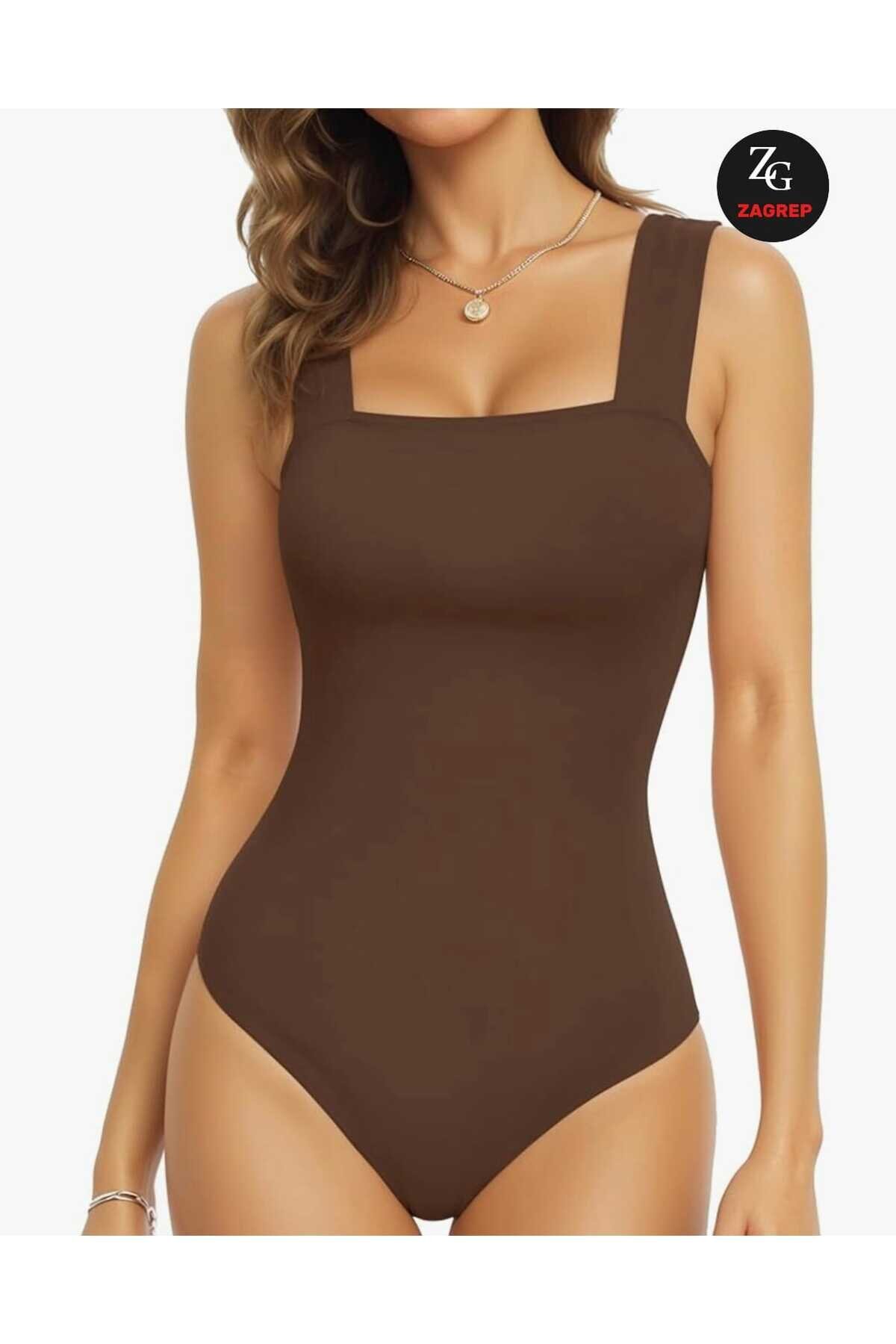 Opaque Silk Jersey Wide Strap Square Neck Bodysuit - Coffee - Zagrep