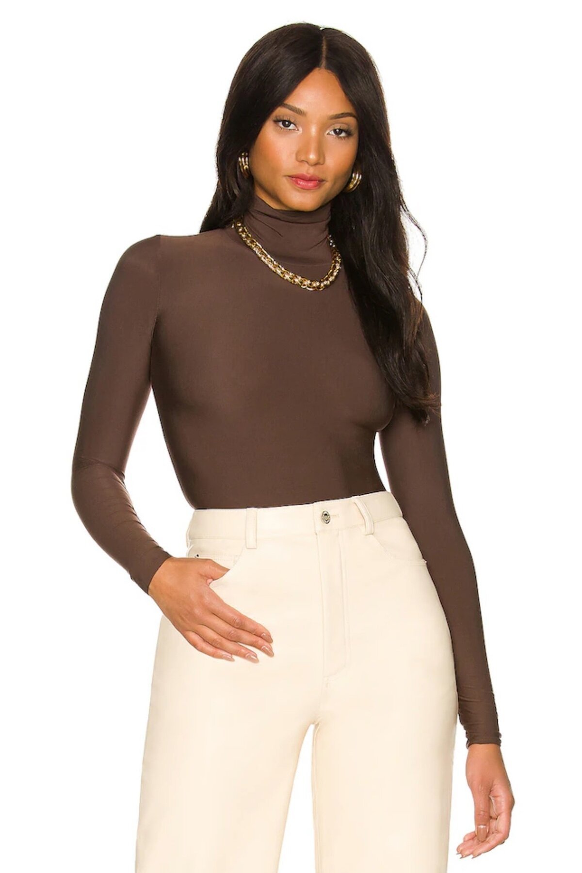 Silk Jersey Turtleneck Bodysuit - Brown - Zagrep