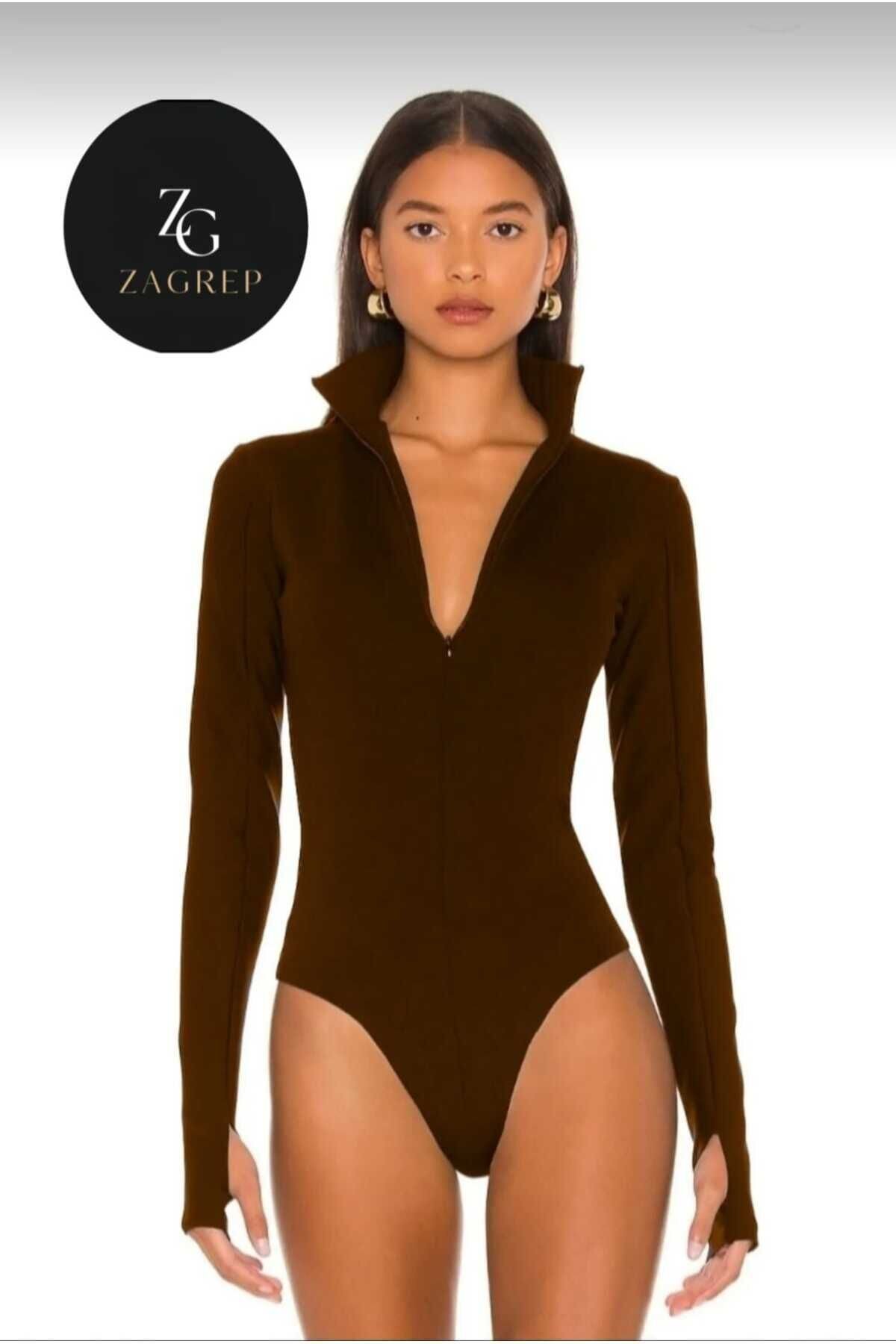 Double Layered Silk Jersey Hidden Zip Thumbhole Bodysuit - Brown - Zagrep