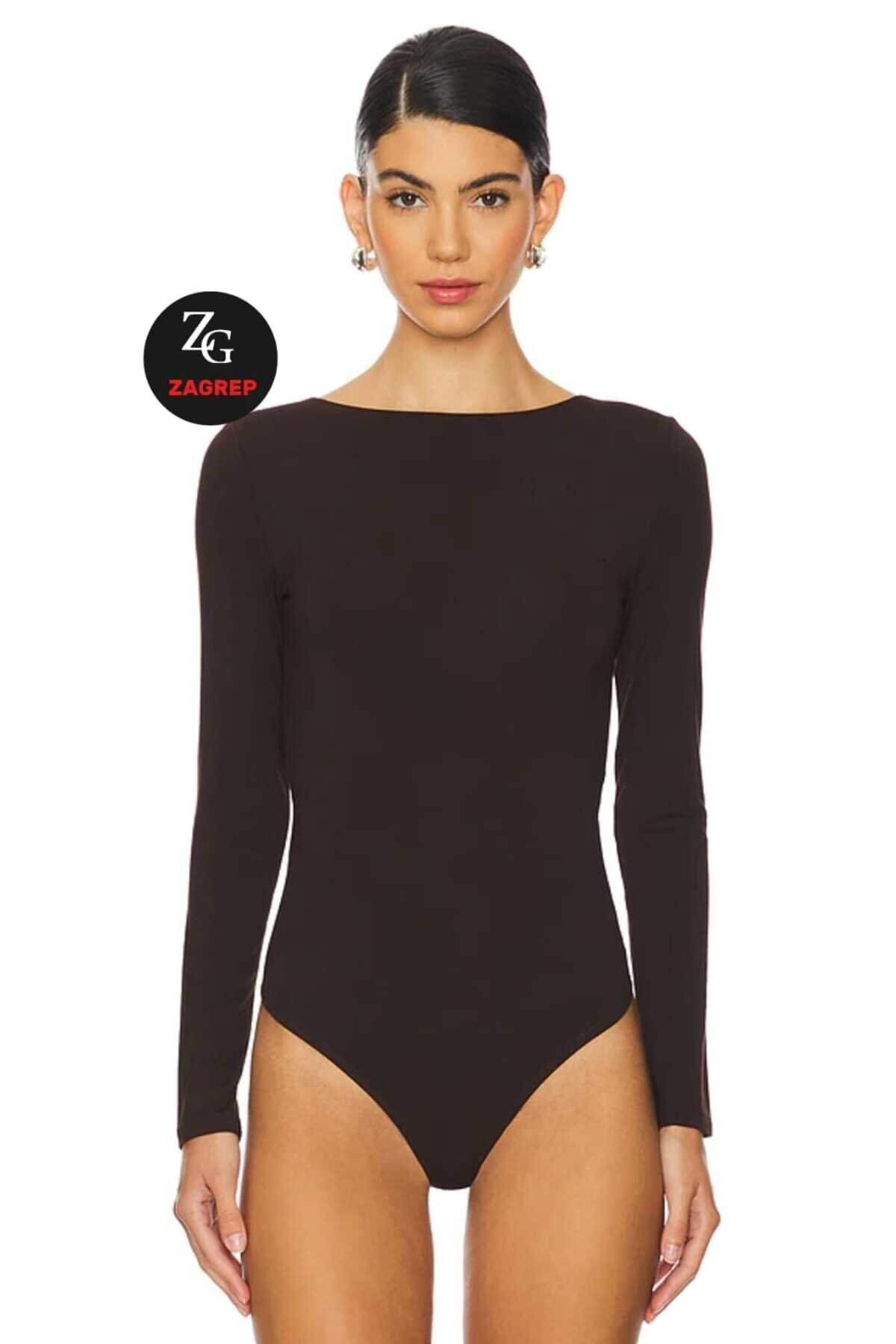 Silk Jersey Cowl Neck Open Back Criss-Cross Strap Bodysuit - Brown - Zagrep