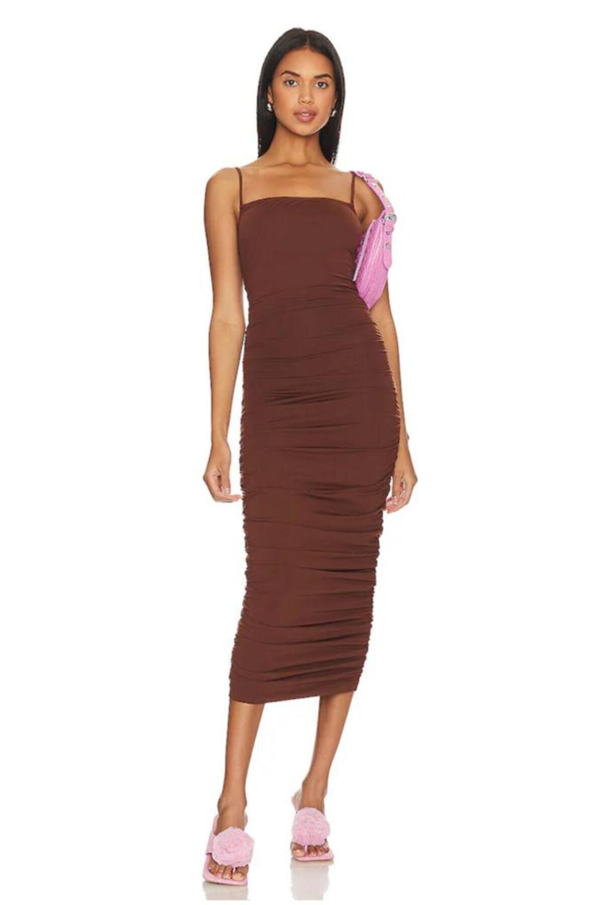 Midi Strappy Ruched Dress - Brown - Zagrep