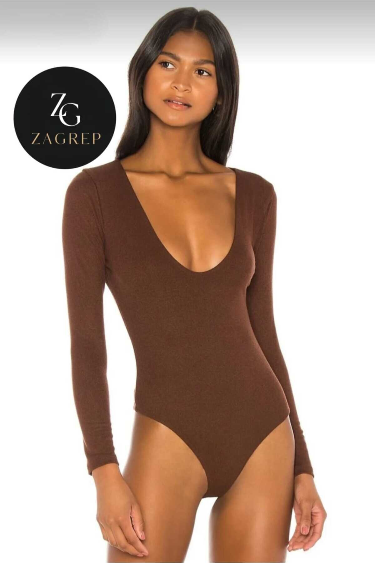 V-Neck Silk Jersey Double-Layered Bodysuit - Brown - Zagrep
