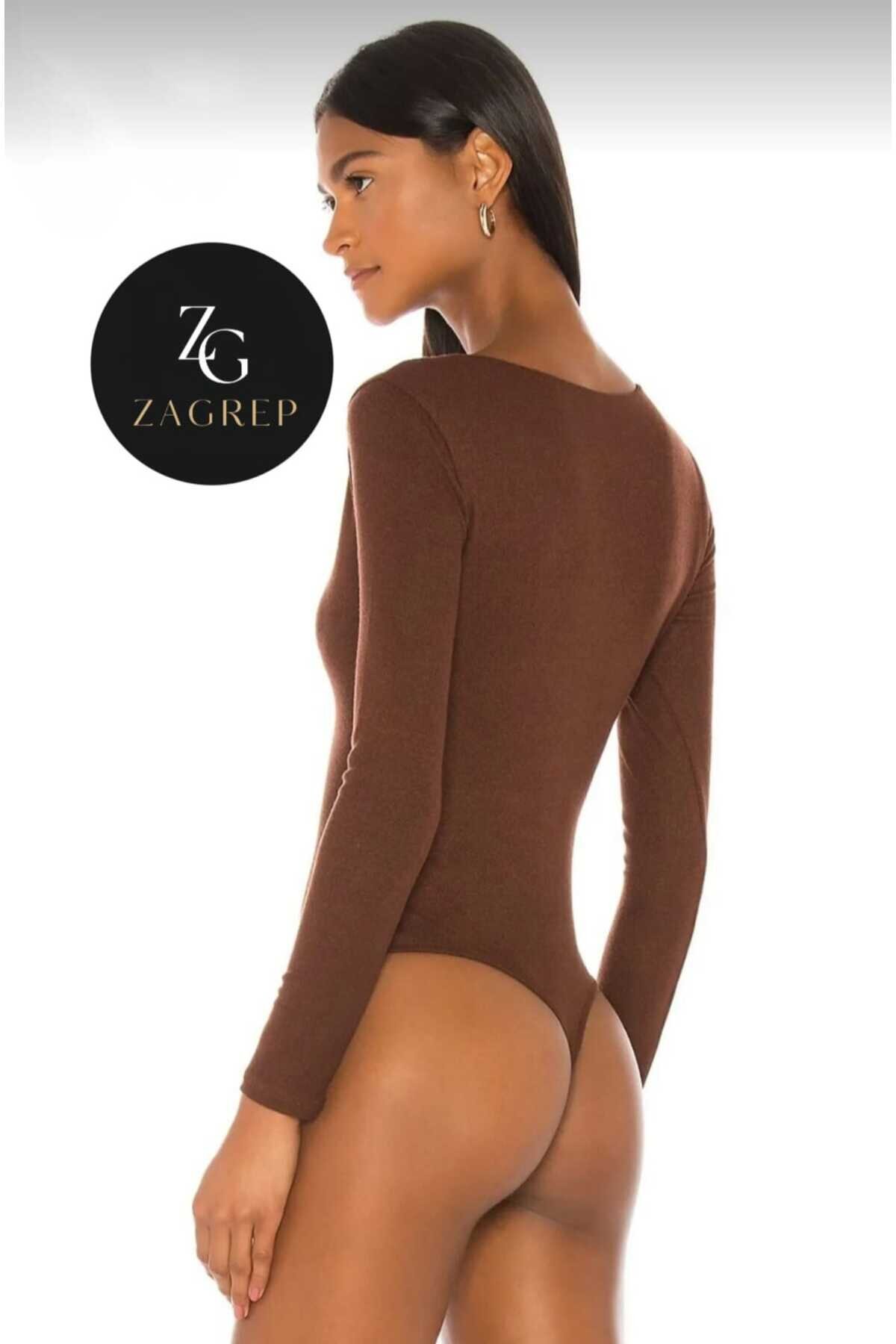 V-Neck Silk Jersey Double-Layered Bodysuit - Brown - Zagrep