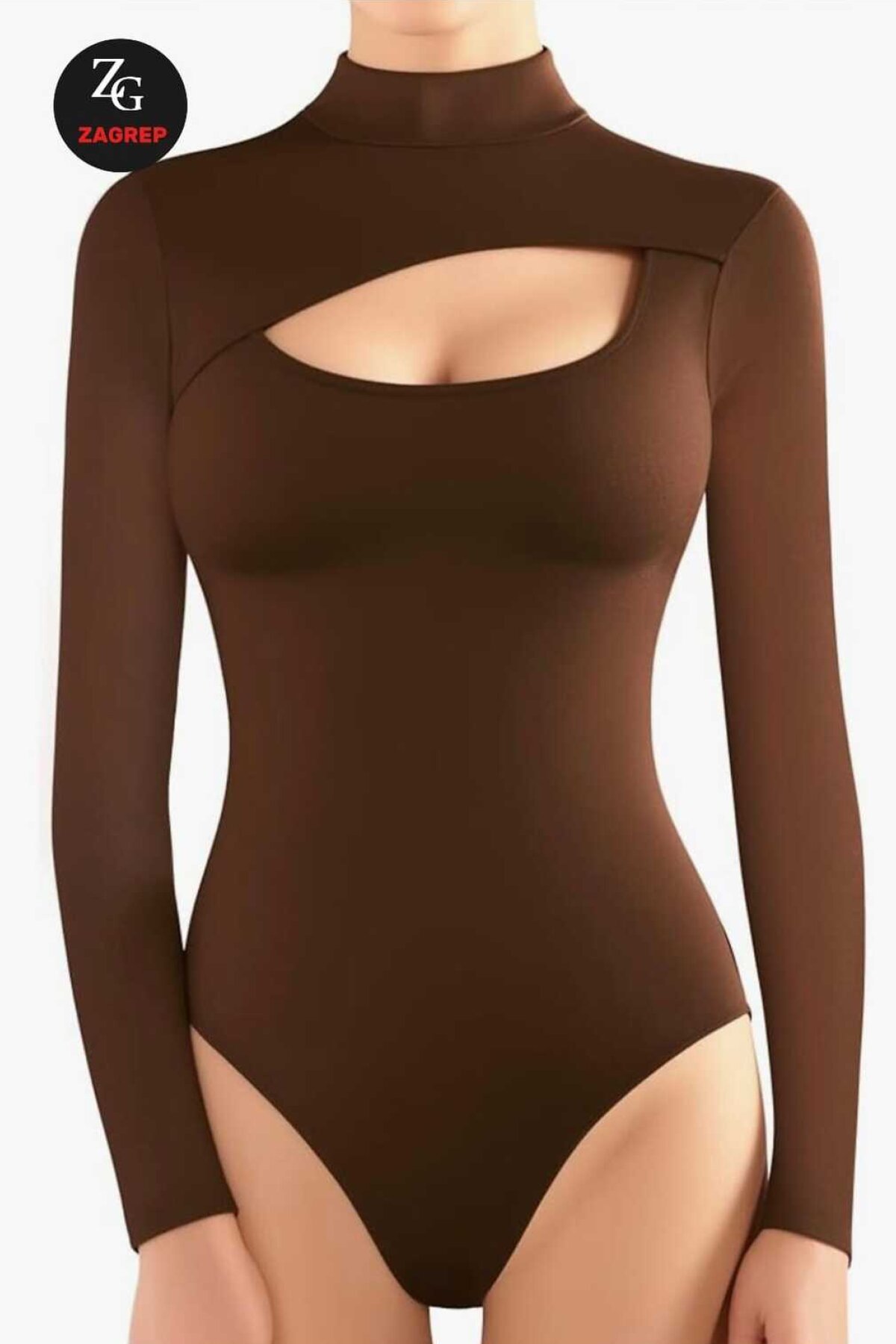 بودي جيرسي حريري بياقة نصف عالية مزدوج - بني - Zagrep