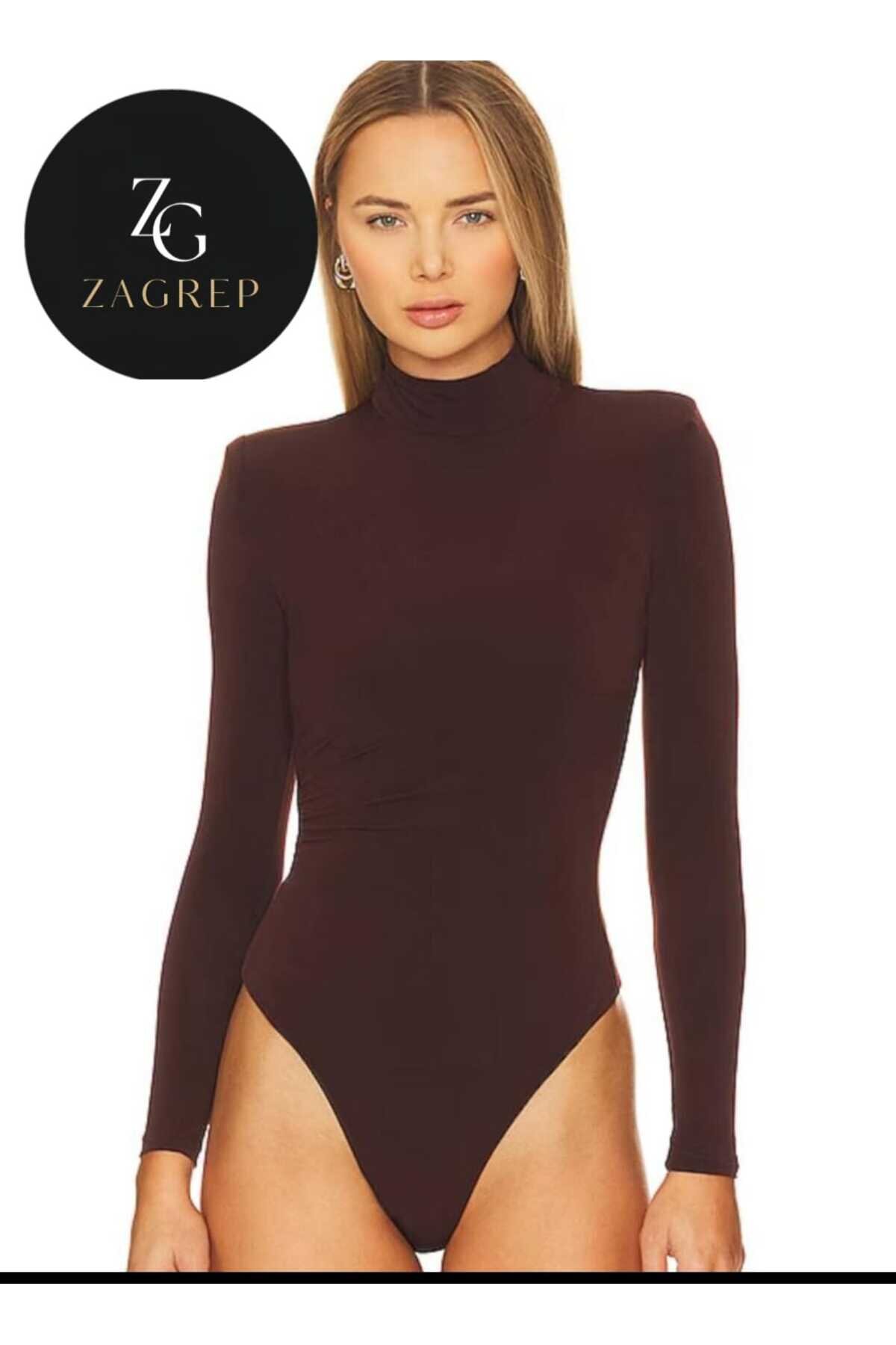 Mock Neck Double-Layer Side-Ruched Bodysuit - Brown - Zagrep